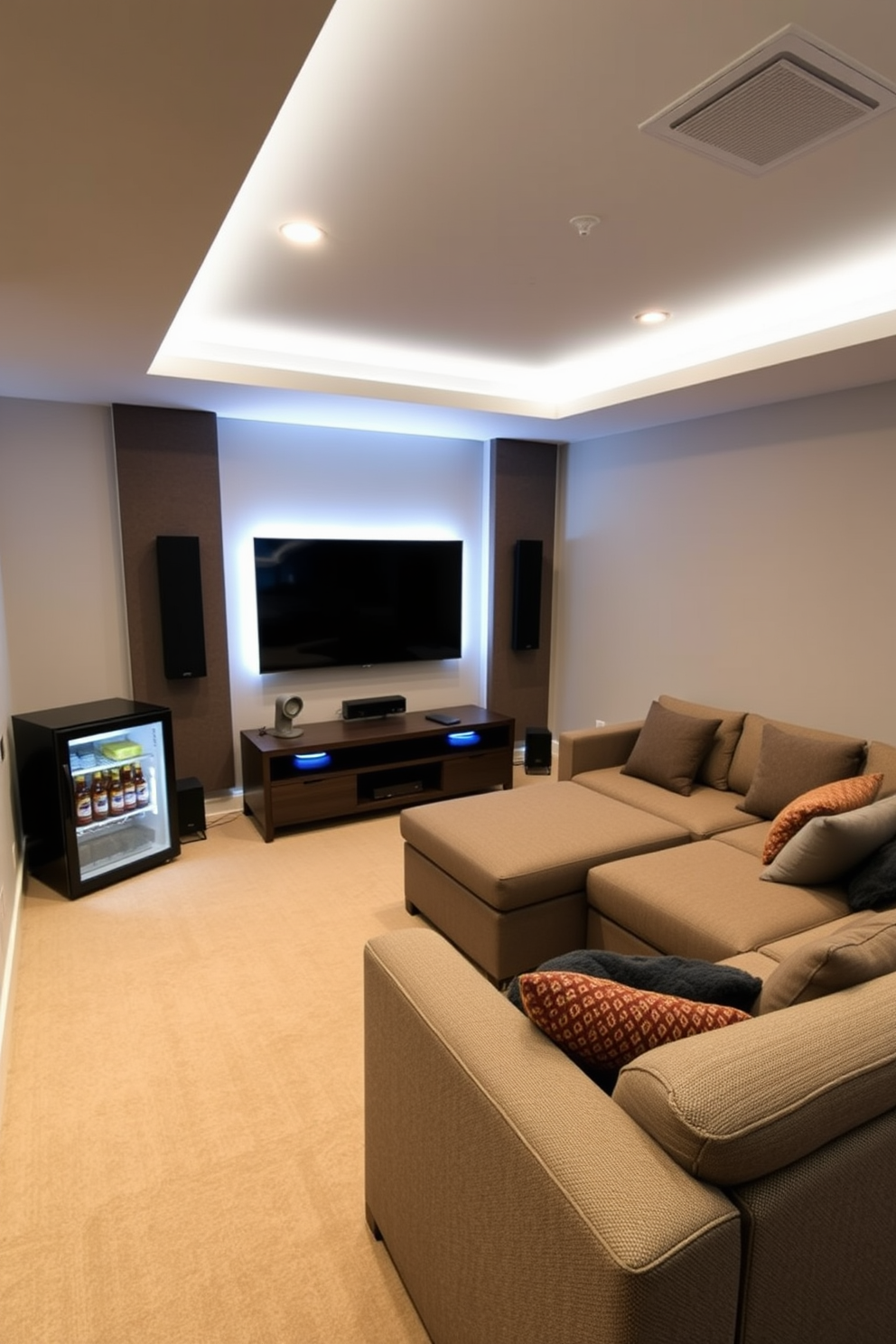 A modern basement man cave featuring smart home technology for convenience. The space includes a large sectional sofa facing a sleek flat-screen TV, with smart lighting controlled by a mobile app. In one corner, a mini-fridge stocked with beverages complements the entertainment setup. The walls are adorned with soundproof panels, and ambient LED lights create a cozy atmosphere.