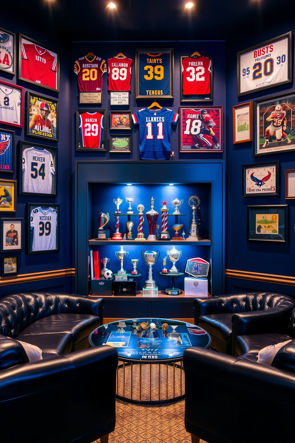 A dynamic sports memorabilia wall display features an array of framed jerseys, autographed photos, and vintage collectibles. The wall is painted in a deep navy blue, creating a bold backdrop that enhances the vibrant colors of the memorabilia. In the center, a custom-built shelving unit showcases trophies and sports equipment, with spotlights illuminating each piece. Plush seating in dark leather surrounds a coffee table, providing a comfortable gathering space for fans to enjoy games and discussions.