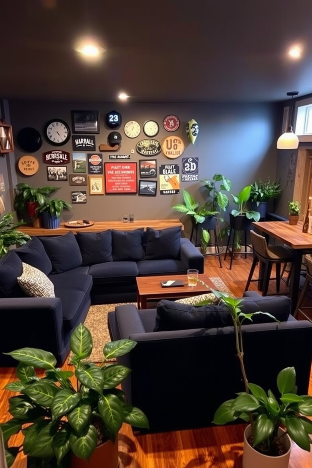 A cozy basement man cave featuring a large sectional sofa in a deep navy color. The walls are adorned with vintage sports memorabilia and the flooring is a rich hardwood, providing warmth to the space. In one corner, a bar area with high stools and a reclaimed wood countertop offers a perfect spot for entertaining. Indoor plants in various sizes are strategically placed throughout the room, adding a refreshing touch of nature and enhancing the overall ambiance.