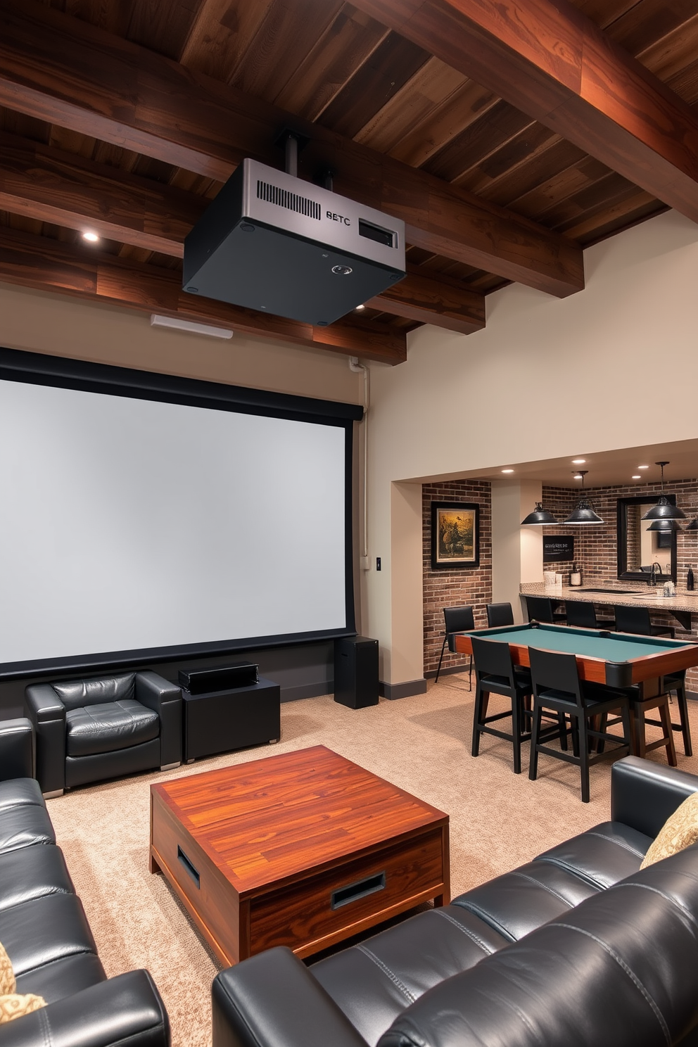 A cozy home theater setup featuring a large projector mounted on the ceiling and a retractable screen positioned on the opposite wall. Plush seating in dark leather surrounds a low coffee table, creating an inviting atmosphere for movie nights. The basement man cave is designed with a rustic charm, showcasing exposed brick walls and wooden beams overhead. A stylish bar area with high stools complements a pool table, providing the perfect space for relaxation and entertainment.