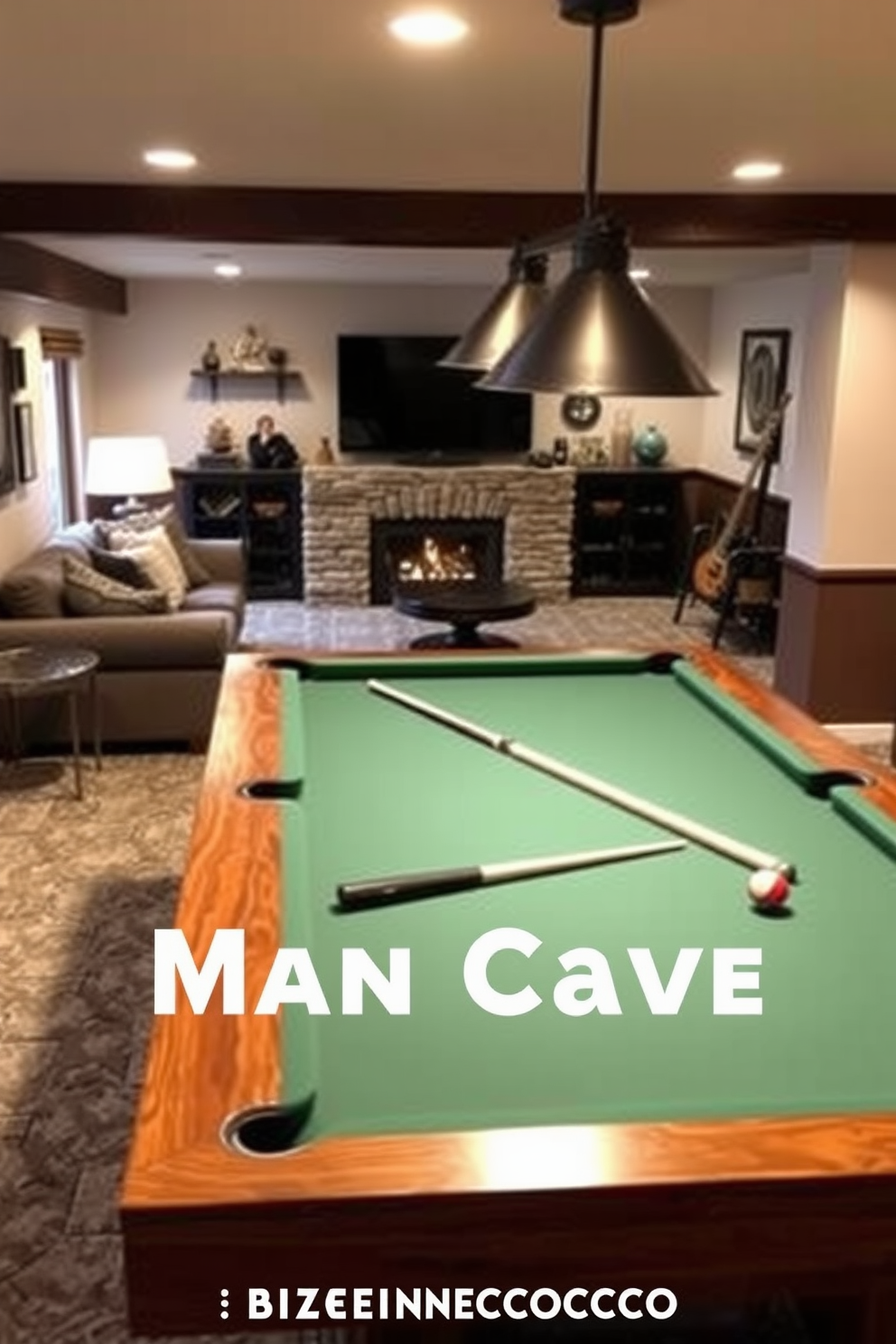 Design a cozy basement man cave featuring a sleek pool table as the centerpiece for friendly competition. Surround the pool table with comfortable seating, ambient lighting, and rustic decor to create an inviting atmosphere.