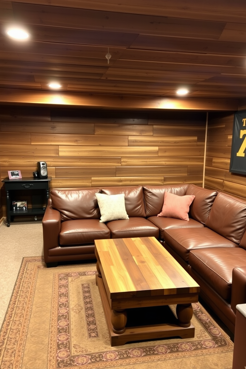 A cozy basement man cave featuring rustic wood paneling that creates a warm and inviting ambiance. The space is furnished with a large leather sectional sofa and a reclaimed wood coffee table, perfect for gathering with friends.