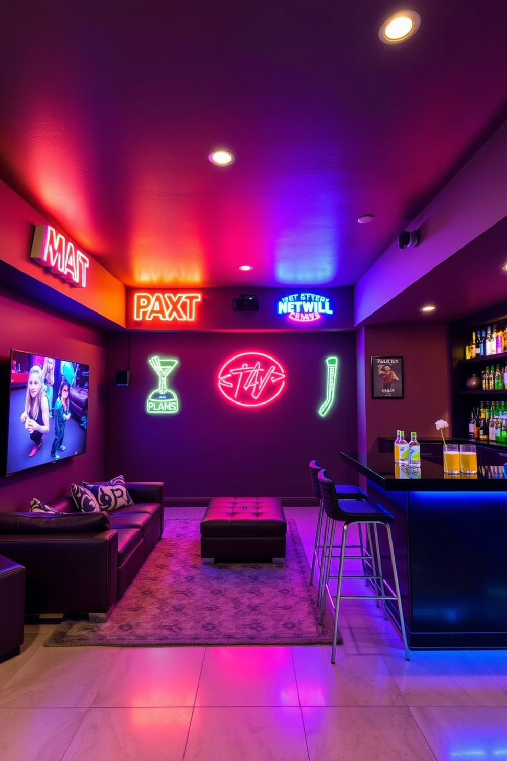 Bright neon signs illuminate the walls, creating a lively and energetic ambiance in the basement man cave. The space features a plush sectional sofa facing a large screen, with a sleek bar area stocked with colorful drinks and stylish bar stools.