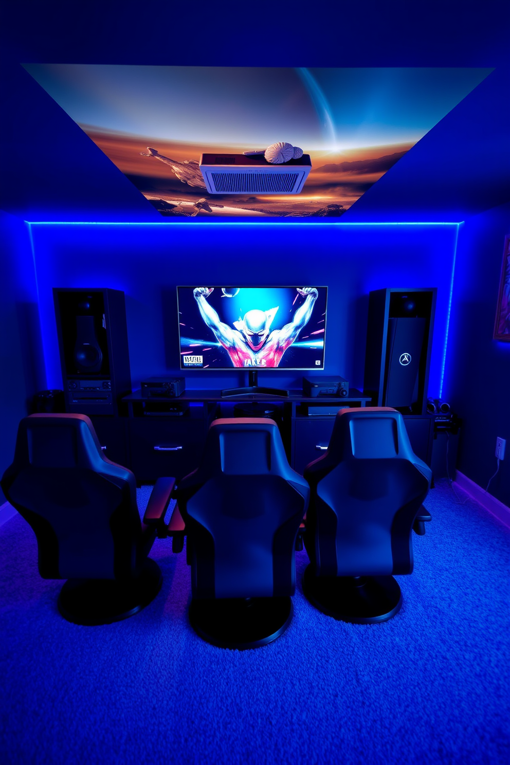 A stylish gaming station is set up in a spacious basement man cave. It features a sleek black entertainment unit housing multiple gaming consoles, with a large flat-screen TV mounted on the wall above. Comfortable gaming chairs are arranged in front of the screen, providing an immersive experience. The walls are painted in a deep blue hue, and ambient LED lighting creates a vibrant atmosphere for late-night gaming sessions.