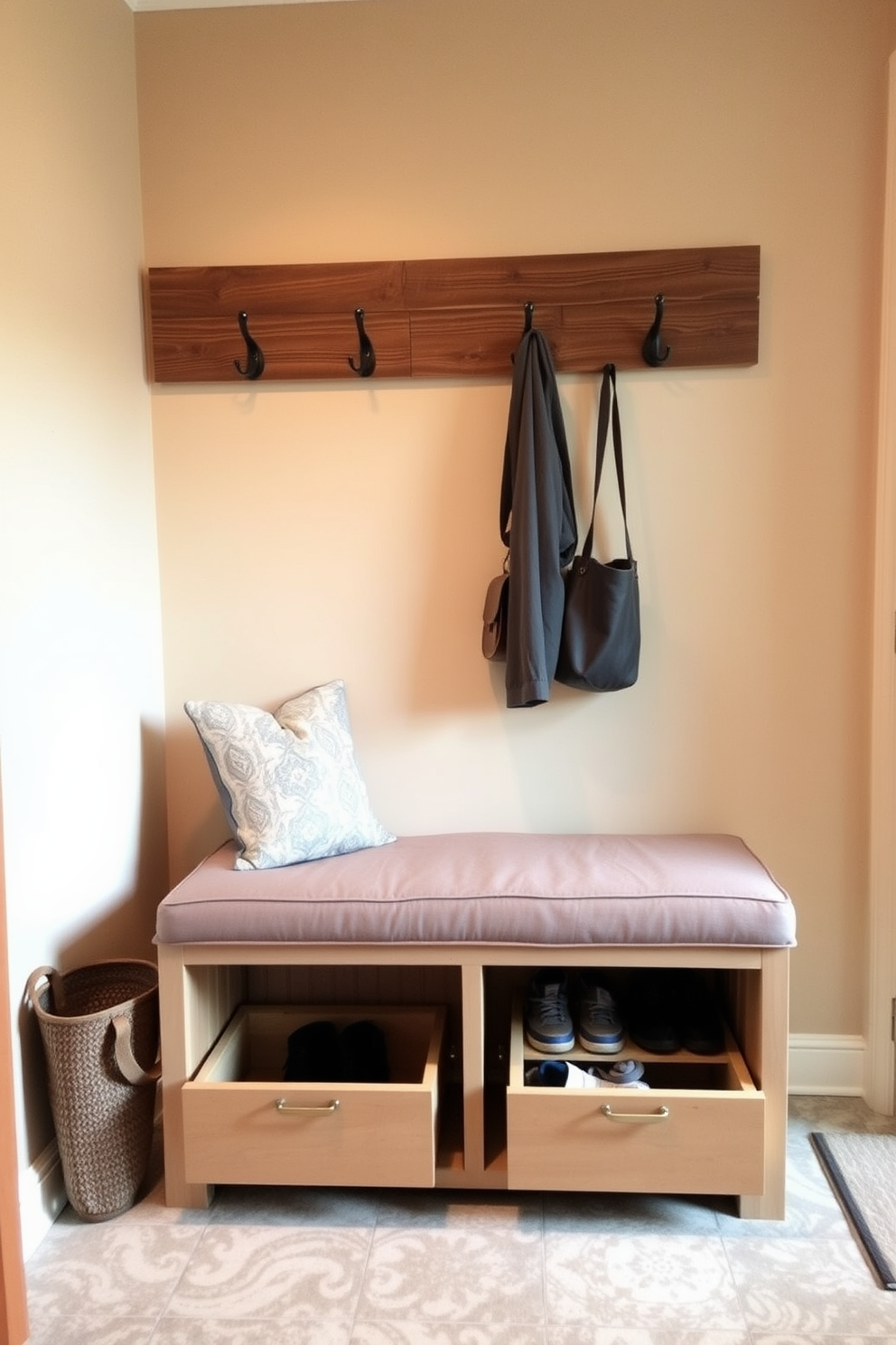 A cozy bench is positioned against the wall in the mudroom, featuring a soft cushion for comfort. Beneath the bench, there is ample storage space with pull-out drawers for shoes and outdoor gear. The walls are painted in a warm neutral tone, complemented by a rustic wood accent above the bench. A few hooks are mounted on the wall for hanging jackets and bags, enhancing the functionality of the space.