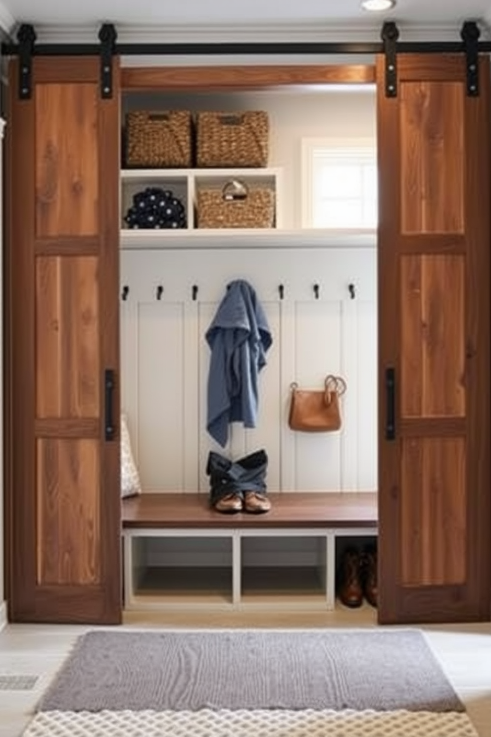 A functional mudroom designed with sliding barn doors for optimal space efficiency. The room features built-in benches with storage underneath and hooks for coats, creating an organized and welcoming entryway.