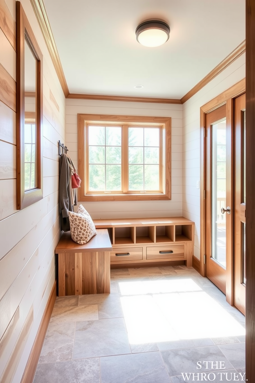 A cozy basement mudroom featuring natural wood accents that bring warmth and texture to the space. The walls are adorned with shiplap panels, and a built-in bench with storage cubbies provides functionality and style. The floor is finished with durable tile that mimics the look of natural stone, ensuring easy maintenance. A large window allows natural light to flood the room, enhancing the inviting atmosphere.