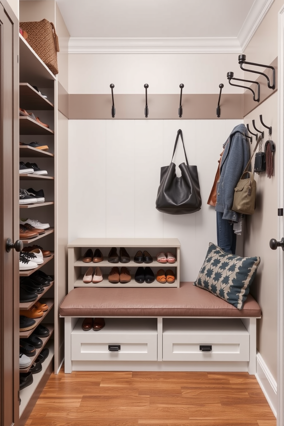 A stylish mudroom designed for optimal organization and functionality. The space features a sleek shoe rack with multiple tiers, allowing for easy access and storage of footwear while keeping the floors tidy. The walls are adorned with hooks for coats and bags, providing a practical solution for clutter. A bench with a cushioned seat offers a comfortable spot to sit while putting on or taking off shoes.