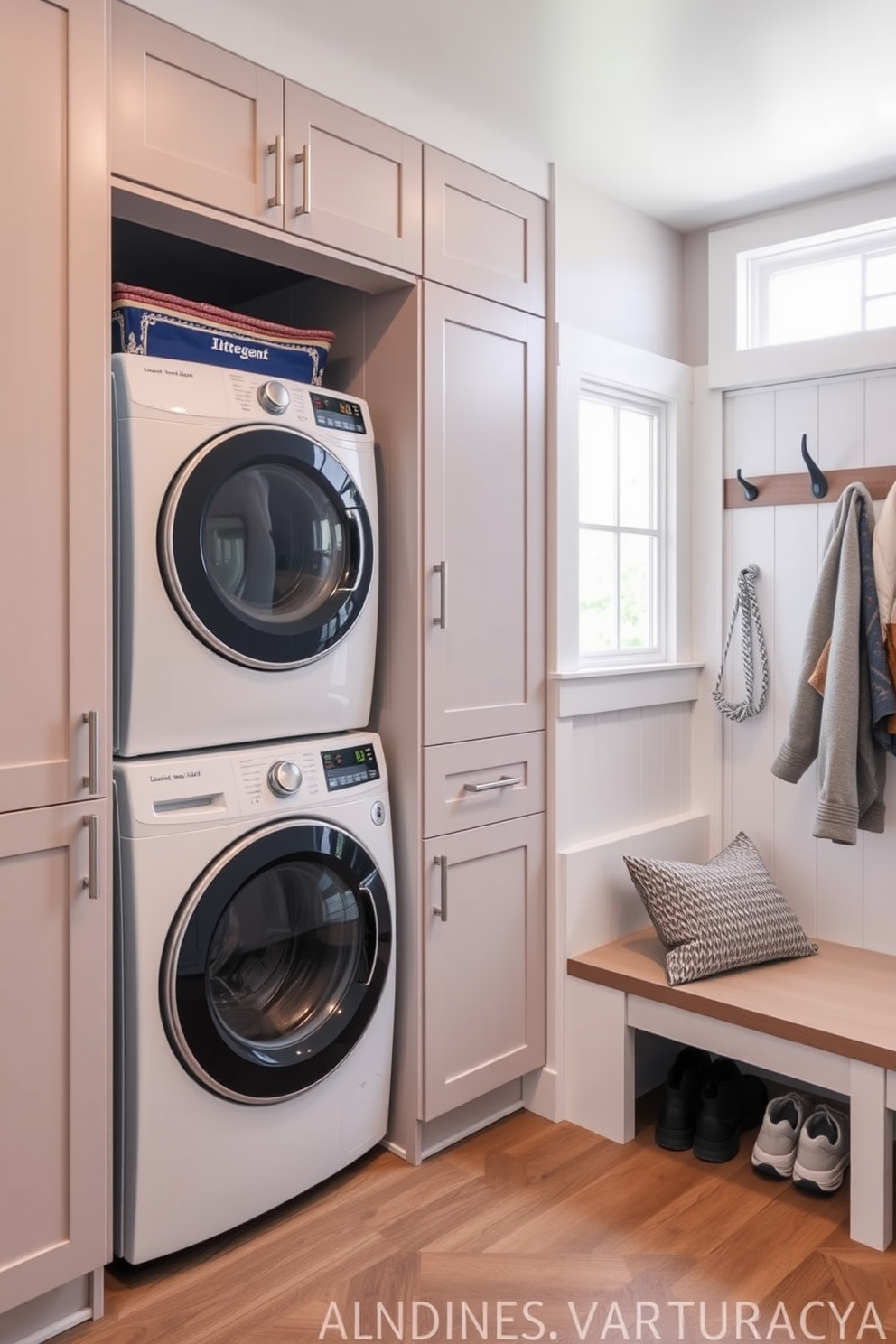 A functional integrated laundry area featuring sleek cabinetry and a countertop for folding clothes. The space includes a washer and dryer stacked for efficiency, with ample storage solutions and a utility sink for added convenience. A stylish basement mudroom designed with durable materials and built-in storage for shoes and coats. The area is illuminated by natural light from a nearby window, with a bench for seating and hooks for easy organization.