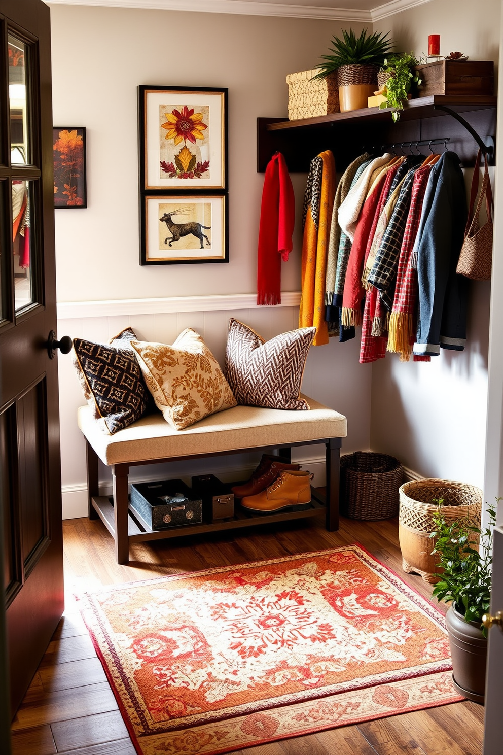 Seasonal decor adds a welcoming touch to the mudroom, featuring a cozy bench with plush cushions and a collection of vibrant throw pillows. The walls are adorned with seasonal artwork, and a stylish coat rack holds an array of colorful jackets and scarves. The flooring is a durable tile that mimics wood, providing both functionality and aesthetic appeal. A decorative area rug in warm tones invites guests in, while potted plants add a fresh and lively atmosphere to the space.