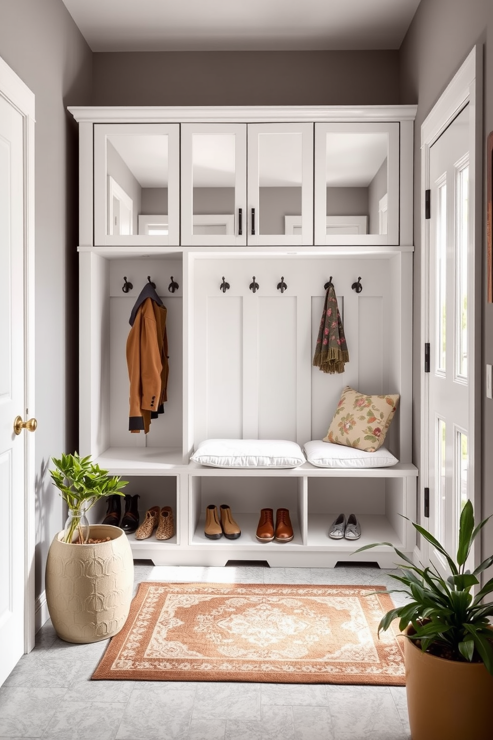 A functional mudroom with mirrored cabinets that reflect natural light and create an airy atmosphere. The space features a built-in bench with plush cushions, surrounded by hooks for coats and storage for shoes below. The walls are painted in a soft gray tone, complemented by a durable, textured floor that can withstand high traffic. A decorative rug adds warmth, while potted plants bring a touch of nature into the room.