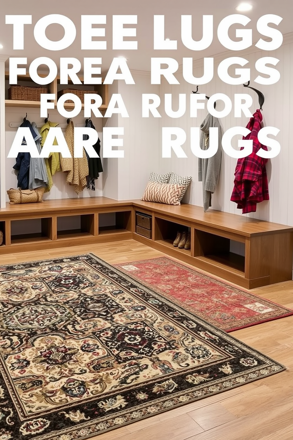 Stylish area rugs for comfort and style. The rugs feature intricate patterns and textures that enhance the overall aesthetic of the space while providing warmth underfoot. Basement mudroom design ideas. This space includes built-in storage benches, hooks for coats, and durable flooring that withstands moisture while maintaining a welcoming atmosphere.