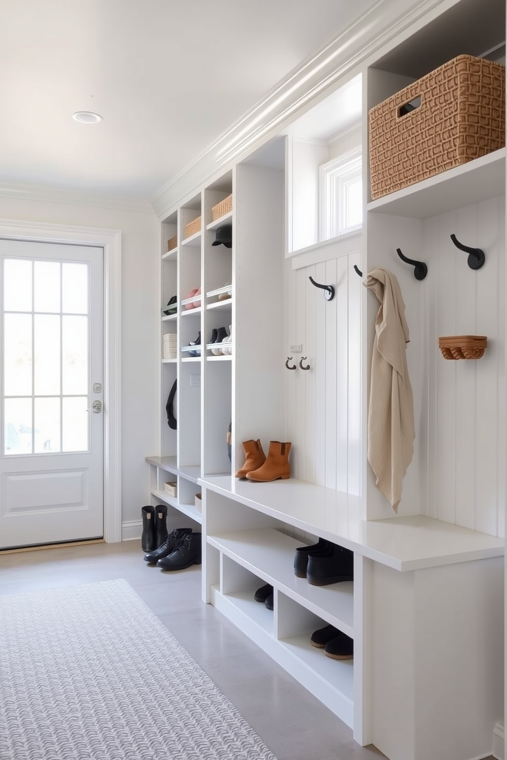 Vertical storage solutions to save space in a basement mudroom feature tall shelving units that maximize height and provide ample storage for shoes and outdoor gear. The walls are painted in a light, airy color to enhance the sense of space, while hooks and bins are integrated into the design for easy organization. Incorporating a built-in bench adds functionality, offering a place to sit while removing shoes. Natural light floods the area through a nearby window, creating a welcoming atmosphere that balances practicality with style.