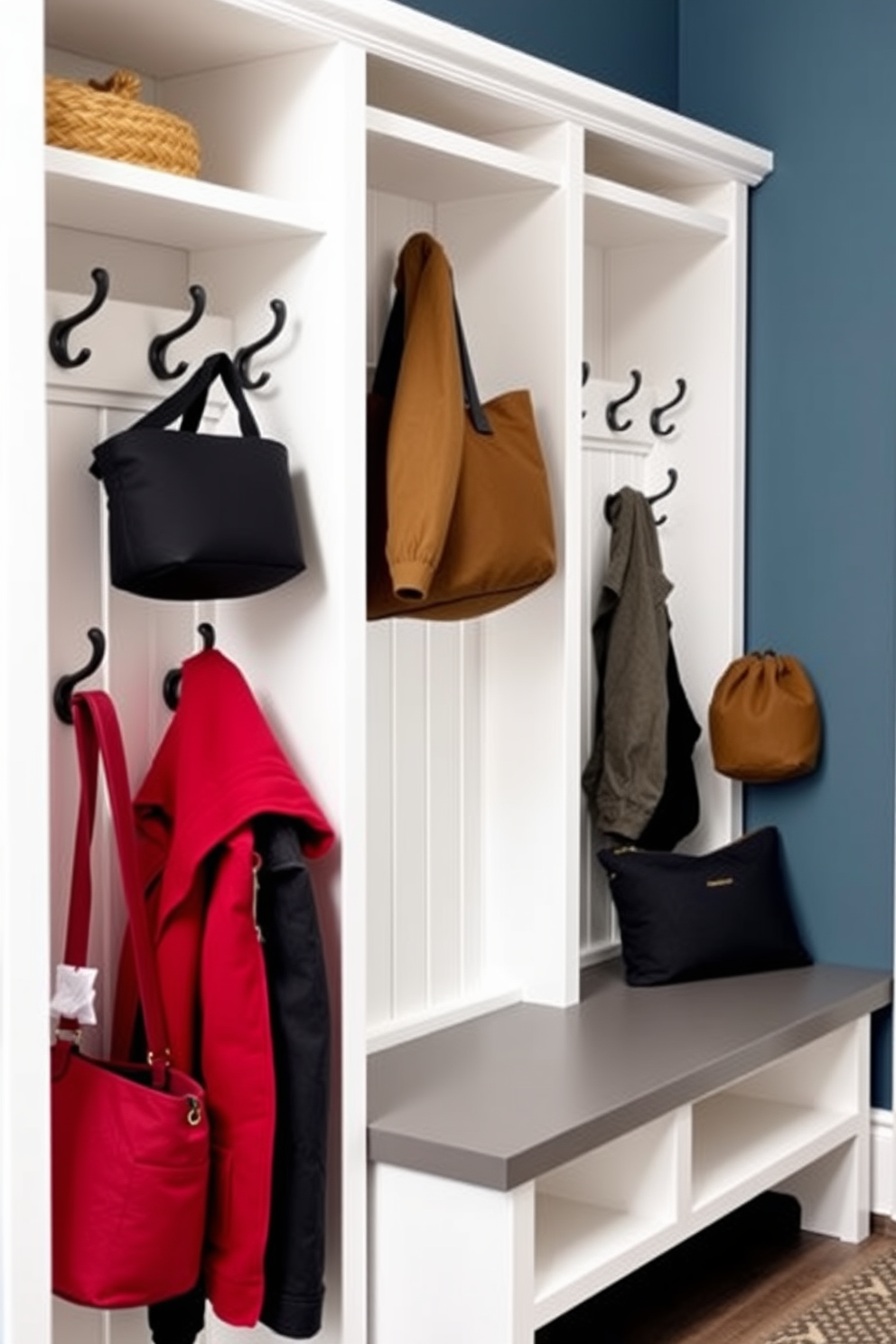 A functional mudroom space designed for easy access to coats. The walls are lined with stylish wall hooks, providing ample storage for jackets and bags, while a durable bench offers a convenient spot to sit and remove shoes.