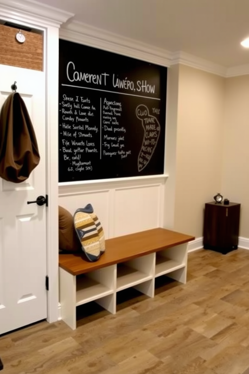 A functional basement mudroom features a chalkboard wall for notes and reminders, providing a practical yet stylish element. The space includes built-in cubbies for storage, a bench for seating, and durable flooring to withstand heavy foot traffic.