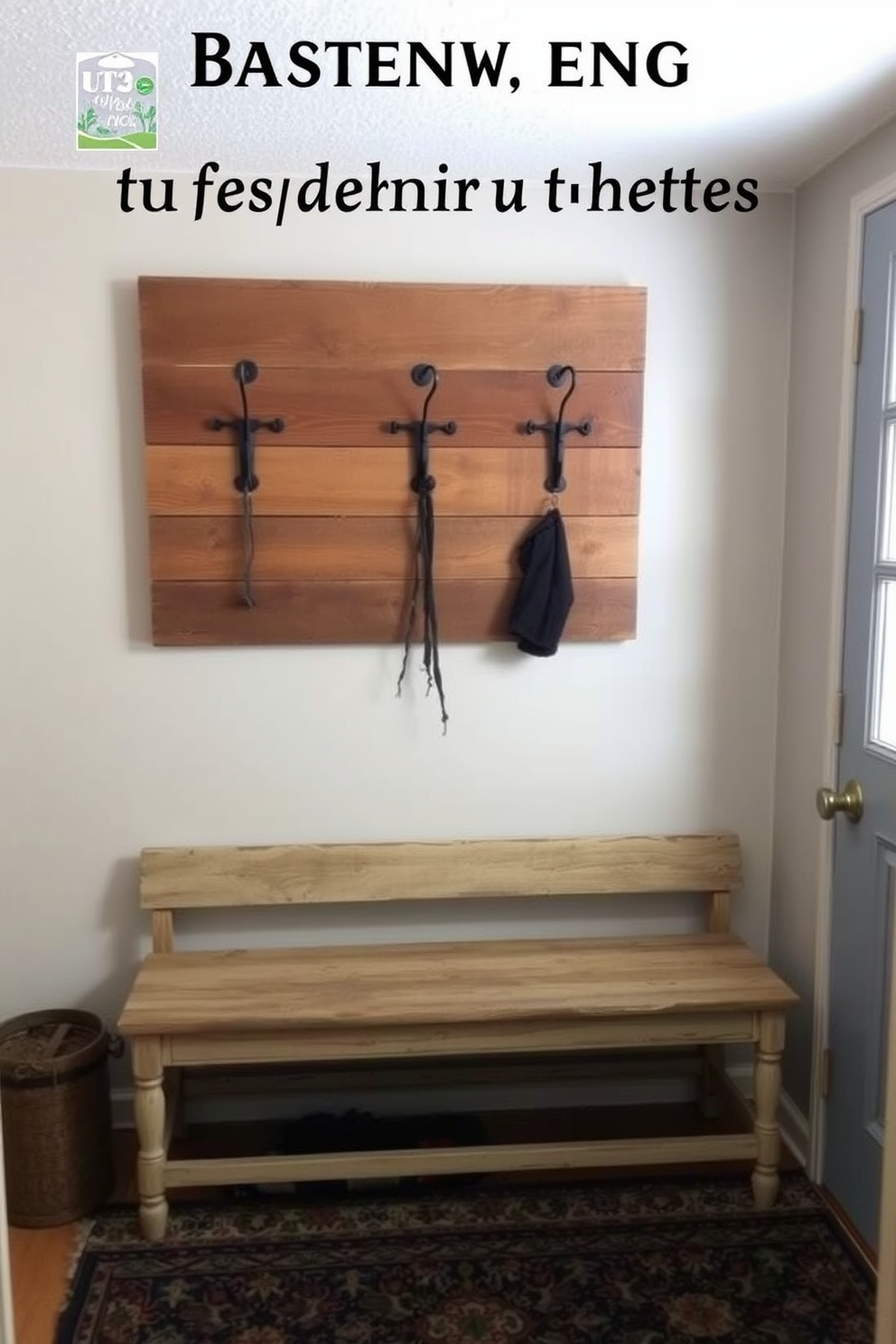 A cozy basement mudroom featuring vintage hooks made of wrought iron mounted on reclaimed wood. The space is adorned with a weathered bench and a patterned rug, creating a warm and inviting atmosphere.