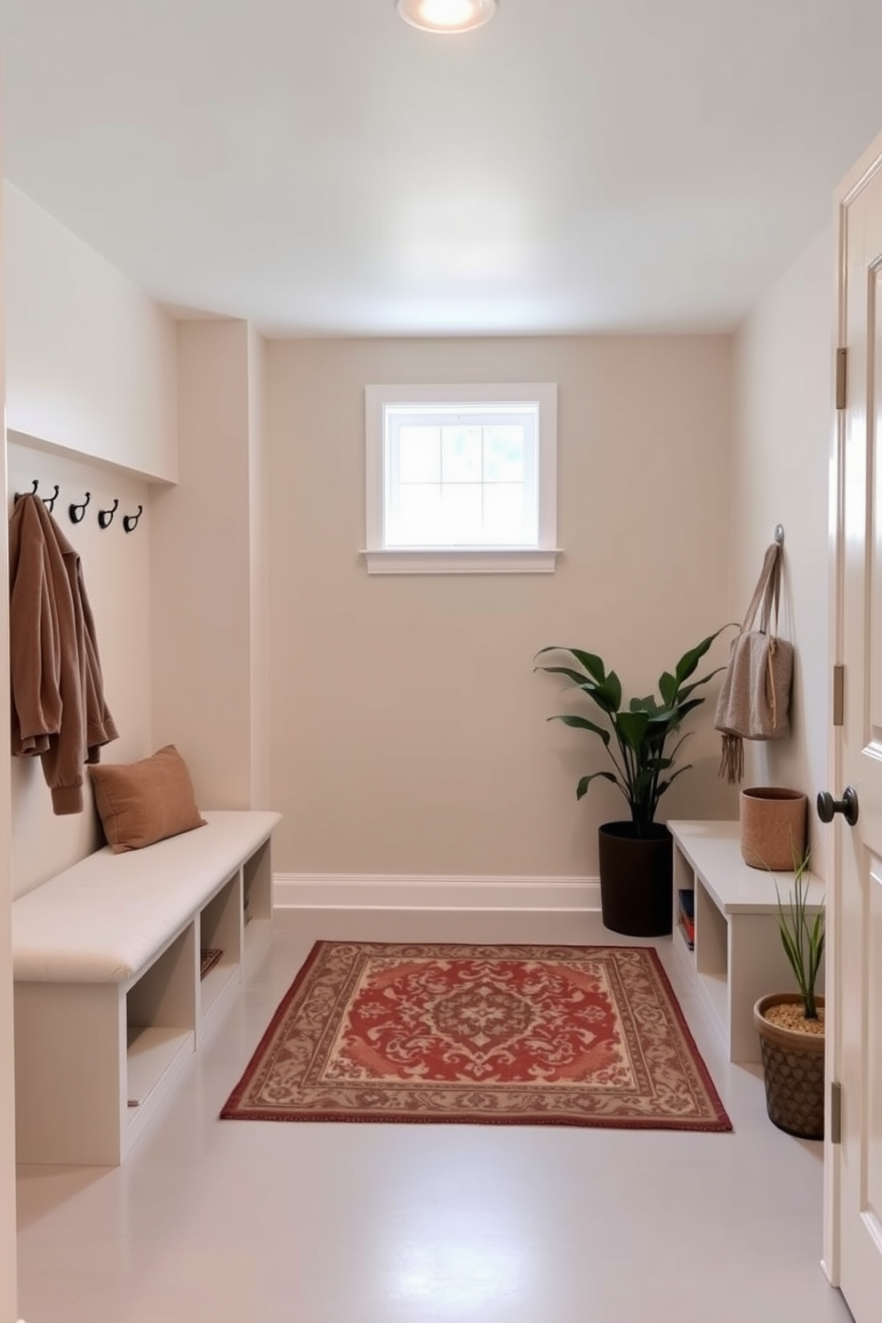 A serene basement mudroom with a neutral color palette featuring soft beige walls and a light gray floor. The space includes built-in storage benches with plush cushions and hooks for coats, creating an inviting and organized area. Natural light filters in through a small window, illuminating a decorative rug that adds warmth to the room. Potted plants are placed strategically to enhance the calming atmosphere while providing a touch of greenery.