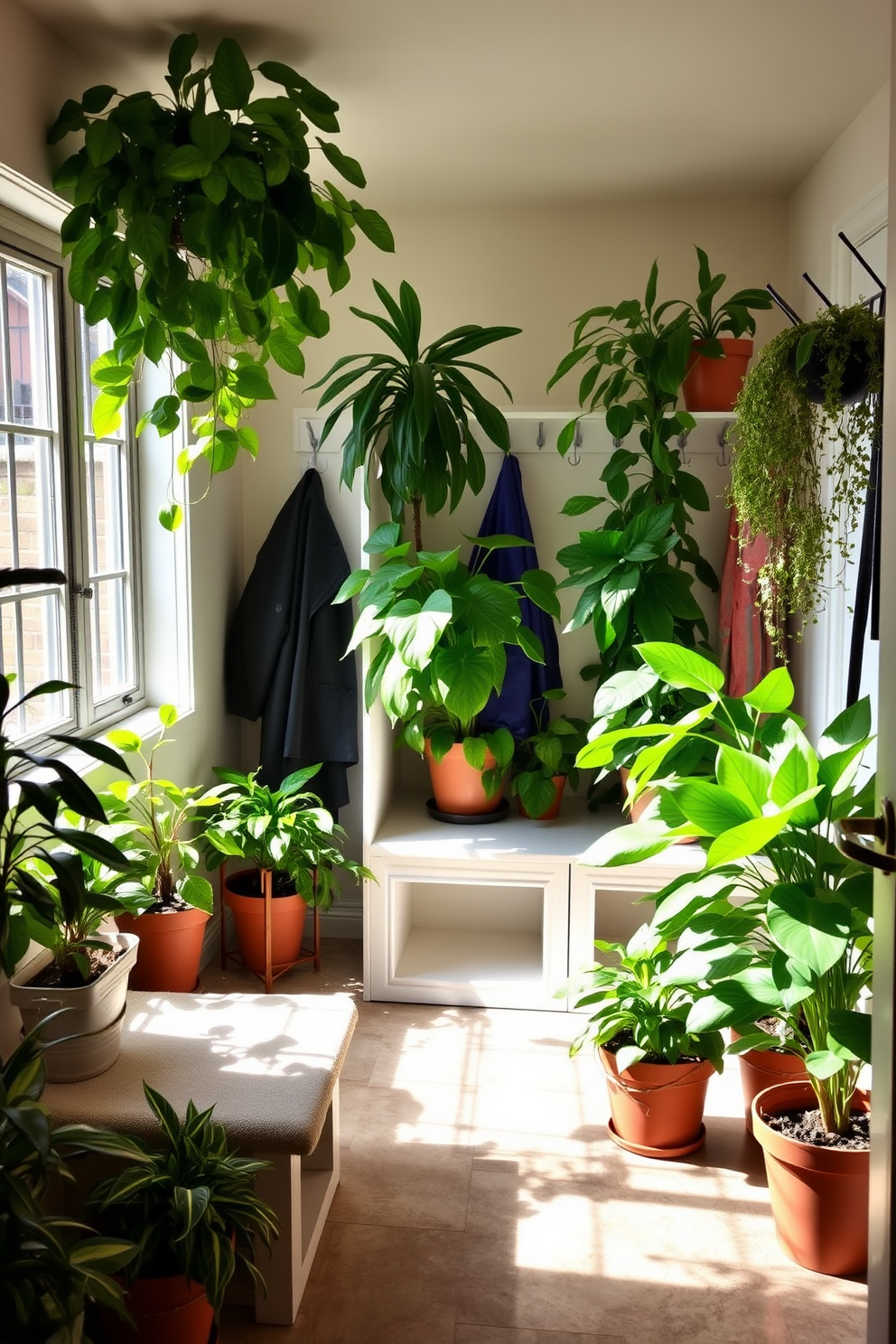 A collection of lush indoor plants arranged in various sizes and shapes creates a vibrant and fresh atmosphere. Sunlight filters through a nearby window, casting gentle shadows on the green leaves and enhancing the inviting ambiance. The basement mudroom features a functional layout with built-in storage benches and hooks for coats. A durable tile floor complements the space, while a few potted plants add a touch of nature and warmth.