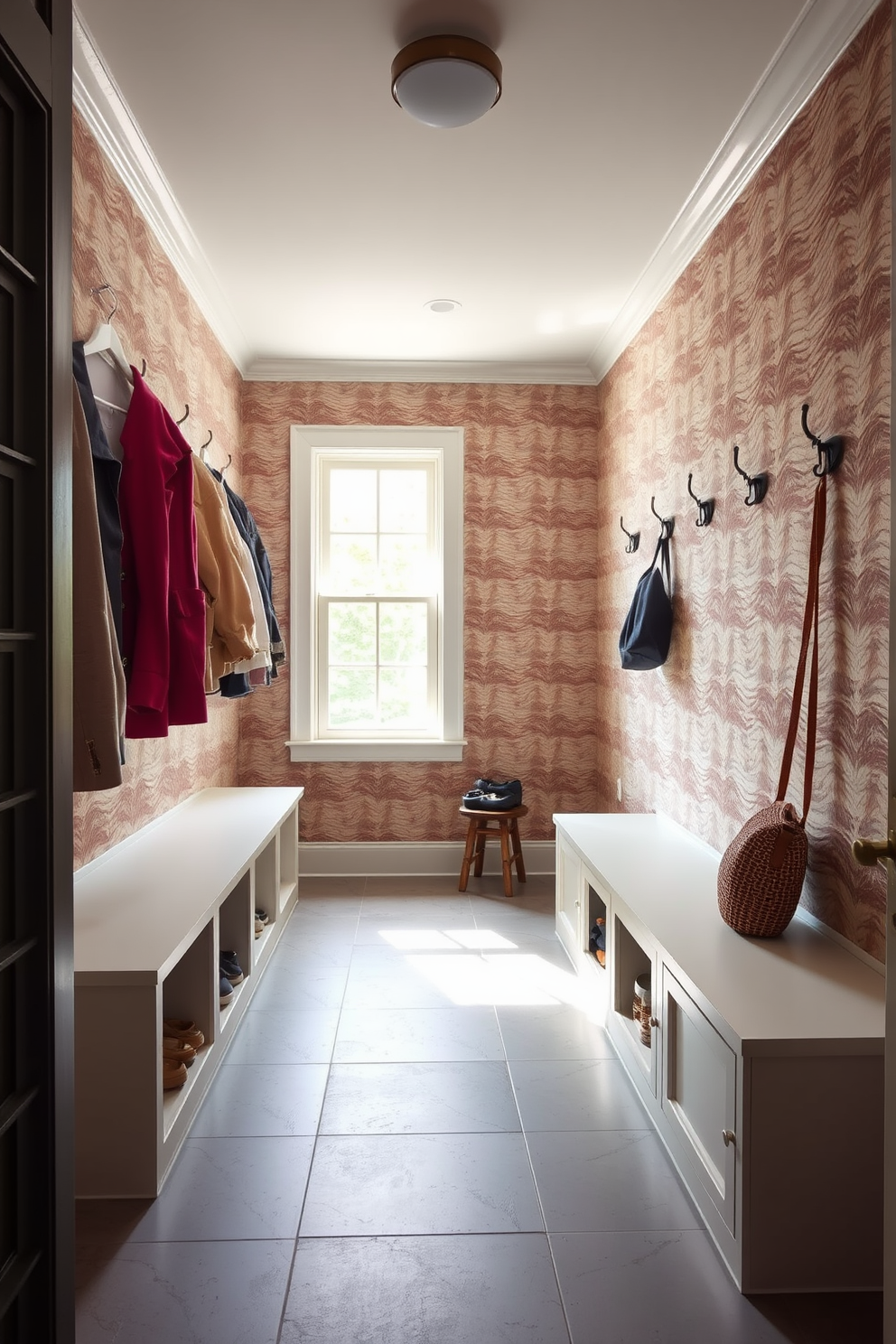 A stylish mudroom with textured wallpaper that adds depth and character to the space. The flooring is a durable tile that can withstand moisture, and there are built-in benches with storage for shoes and coats. Natural light streams in through a window, illuminating the rich colors of the wallpaper. Hooks line the walls for easy access to jackets and bags, creating a functional yet inviting atmosphere.