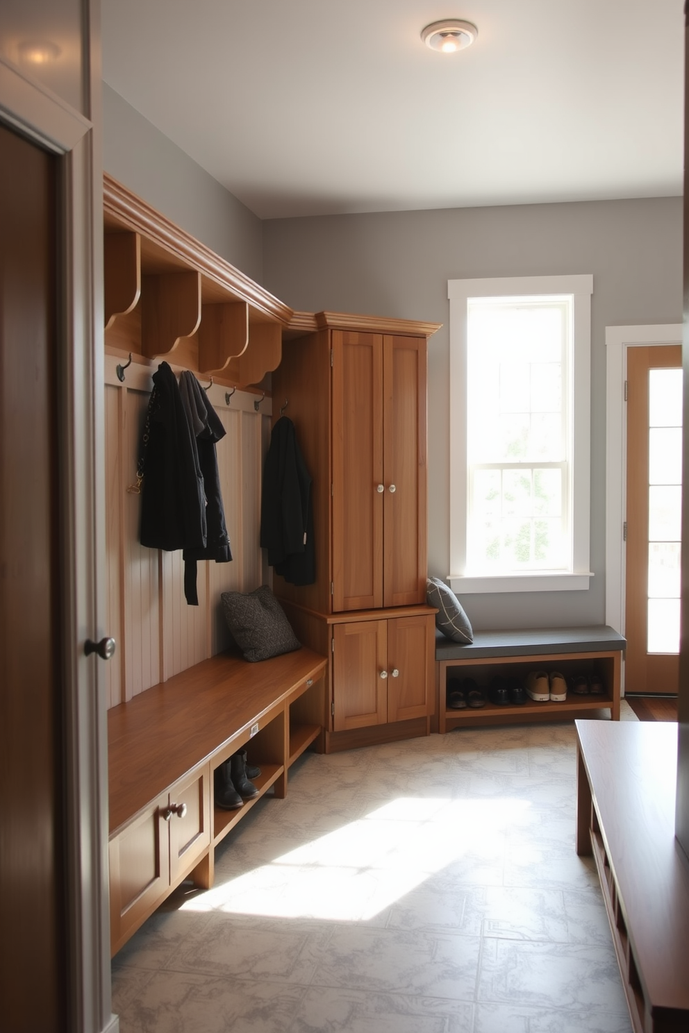 Bright lighting illuminates the mudroom, enhancing the warm tones of the wood cabinetry and the soft gray walls. A large window allows natural light to flood the space, creating an airy and inviting atmosphere. The floor features durable tile with a subtle pattern, perfect for withstanding muddy shoes. Hooks line the wall for coats, and a built-in bench provides a comfortable spot for putting on or removing footwear.