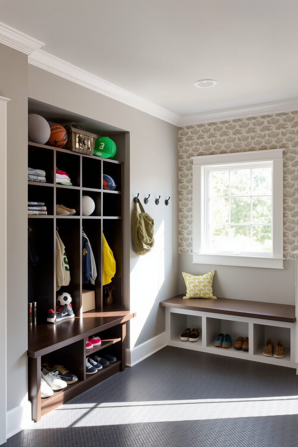 A dedicated space for sports equipment features custom shelving units made of dark wood, designed to neatly store various sports gear and accessories. The walls are painted in a light gray to enhance the brightness of the area, and a durable rubber floor provides both safety and ease of cleaning. The mudroom design includes built-in benches with storage underneath for shoes and bags, complemented by hooks for hanging coats and hats. Natural light floods the space through a large window, and the walls are adorned with a cheerful, patterned wallpaper that adds a touch of personality.