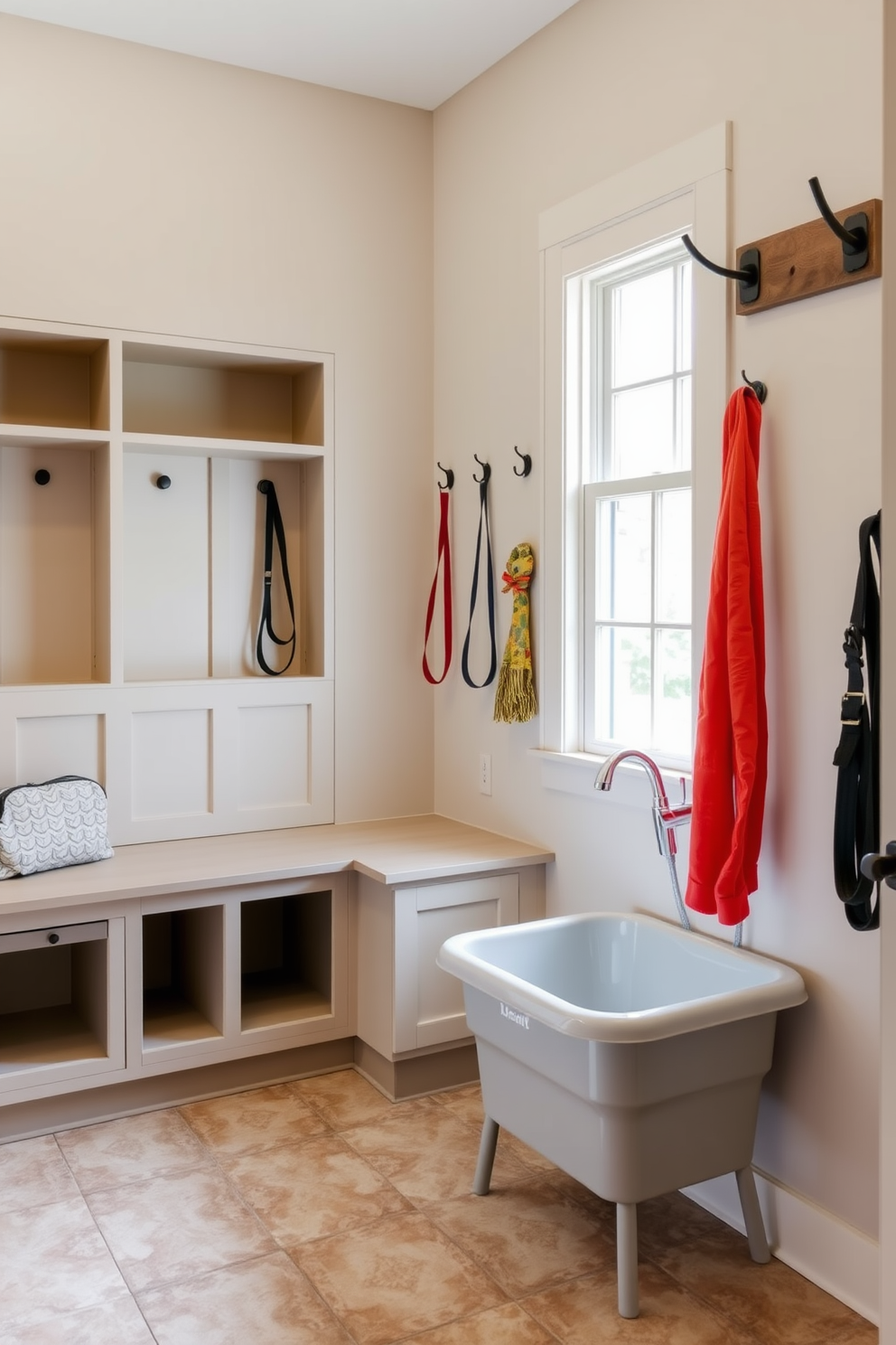 A functional mudroom featuring a dedicated pet washing station. The space includes a built-in bench with storage cubbies above and a tiled floor for easy cleaning. The pet washing station is equipped with a raised tub and a handheld showerhead. Natural light floods the area through a window, and hooks line the walls for leashes and bags.