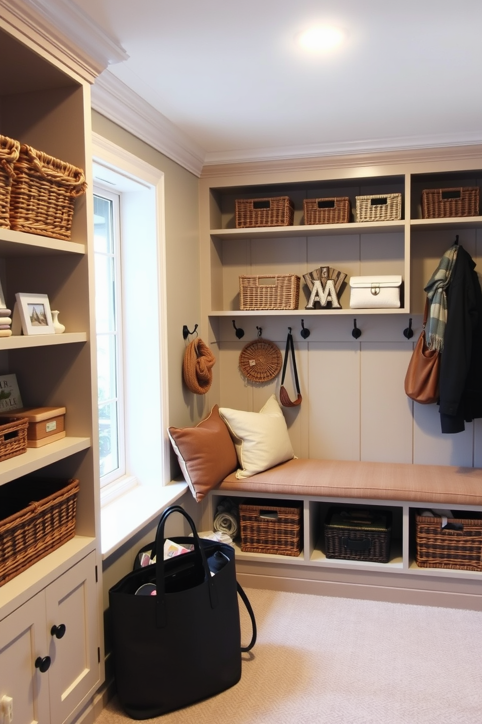 Open shelving lines the walls of a cozy basement mudroom, showcasing an array of neatly organized baskets and decorative items. A built-in bench with plush cushions provides a comfortable seating area, while hooks above offer space for coats and bags.