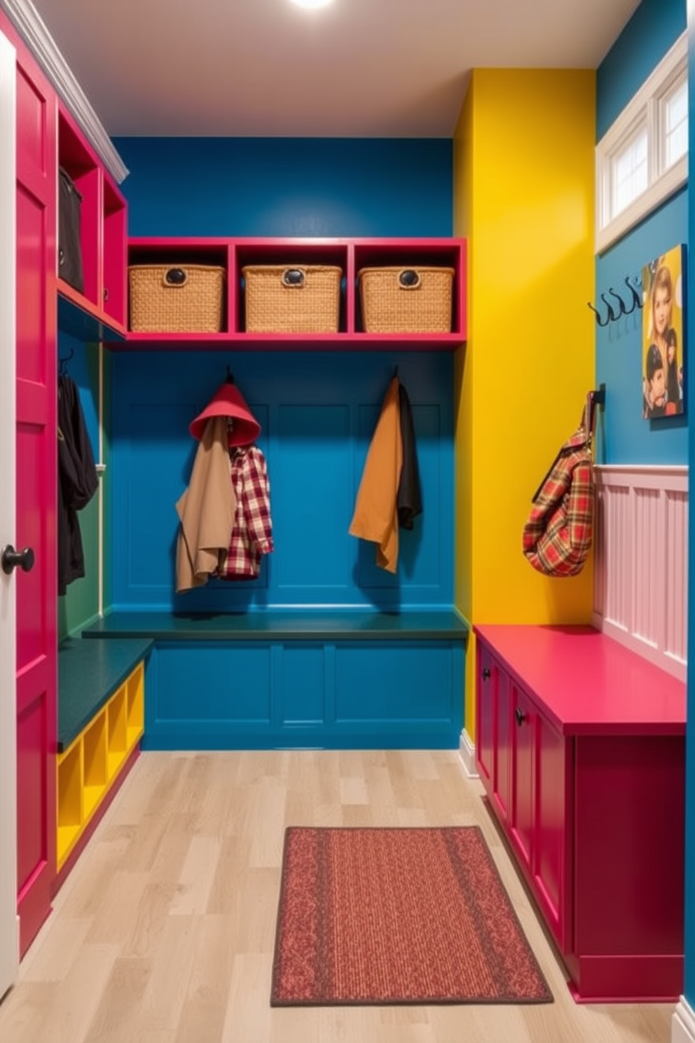 Colorful accent walls create a vibrant atmosphere and serve as a focal point in the space. Consider using bold hues or playful patterns to enhance the personality of the basement mudroom. The mudroom features functional storage solutions with built-in benches and hooks for coats and bags. Brightly colored cabinetry contrasts with the neutral flooring, adding a cheerful touch to the overall design.