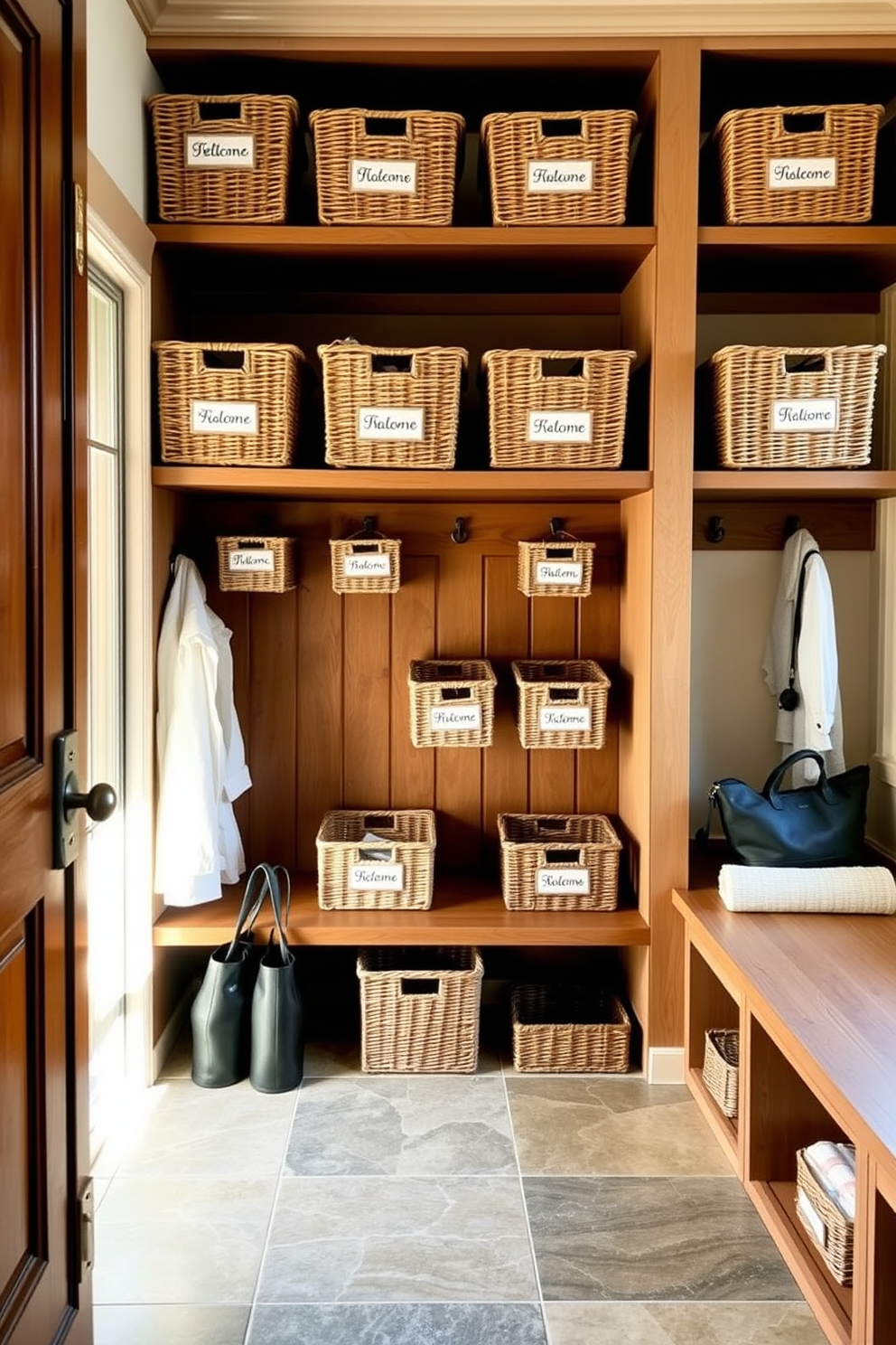 Personalized name tags are attached to woven baskets that are neatly organized on shelves. The baskets are arranged in a mudroom that features a combination of durable tile flooring and warm wood accents. The mudroom is designed with built-in benches and hooks for coats and bags. Soft, natural light filters in through a window, illuminating the space and creating a welcoming atmosphere.