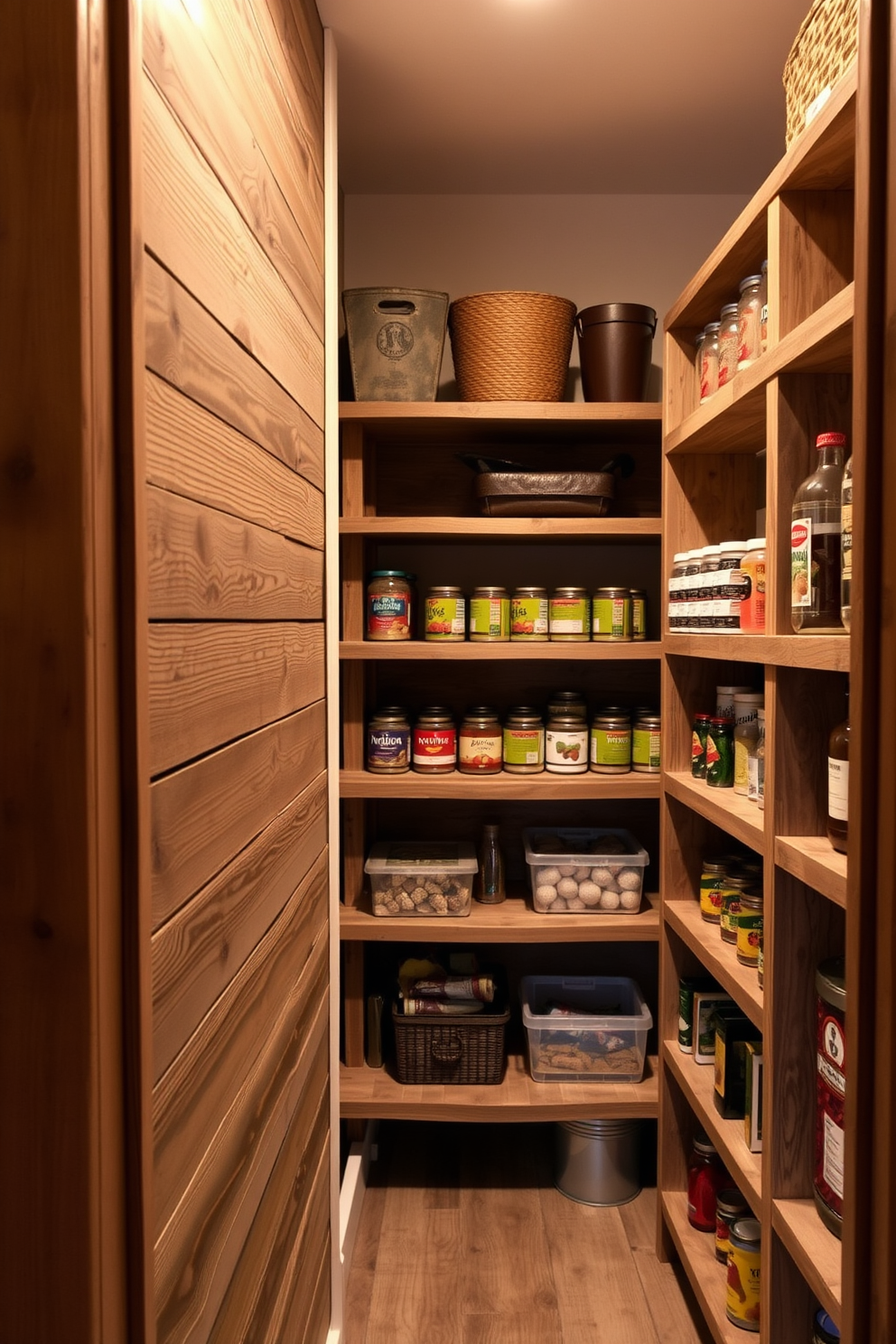 Cozy rustic wood shelving lines the walls of a charming basement pantry, providing ample storage for canned goods and kitchen essentials. The shelves are crafted from reclaimed wood, showcasing natural knots and textures, while warm ambient lighting creates an inviting atmosphere.