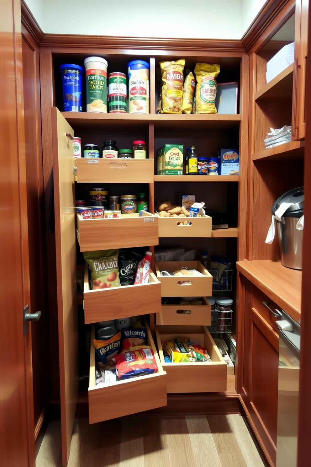 A well-organized basement pantry features functional pull-out drawers that maximize storage space. The cabinetry is finished in a warm wood tone, providing a cozy yet practical atmosphere for food and supplies. Each drawer is designed to hold various items, from canned goods to bulk snacks, ensuring easy access and visibility. Soft-close mechanisms add a touch of luxury while maintaining a quiet environment in the pantry.