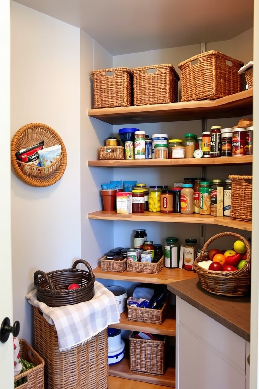 A basement pantry featuring creative use of woven baskets for organized storage. The walls are painted in a soft gray, and the shelves are made of reclaimed wood, providing a rustic charm. Baskets in various sizes are arranged on the shelves, filled with snacks, canned goods, and baking supplies. A small countertop space is included for meal prep, with a stylish fruit basket adding a pop of color.