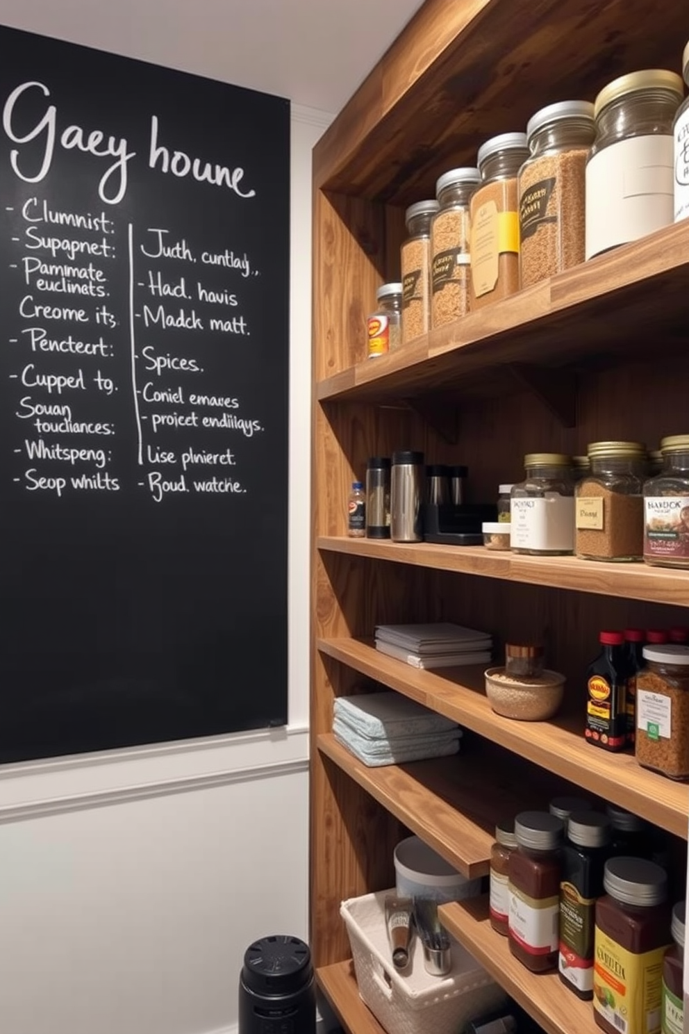 A stylish basement pantry features a chalkboard wall dedicated to grocery lists and meal planning. The space is organized with open shelving made of reclaimed wood, displaying jars of dry goods and neatly arranged spices.