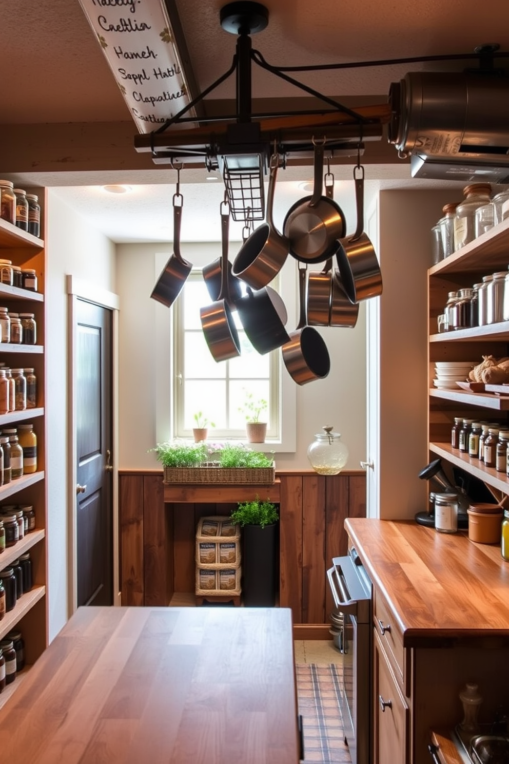 A cozy basement pantry with a rustic hanging pot rack that adds charm and functionality. The walls are lined with open shelving, showcasing neatly organized jars and ingredients, while warm lighting creates an inviting atmosphere. The pot rack is suspended from the ceiling, adorned with an array of pots and pans, providing easy access while maximizing space. A wooden countertop serves as a prep area, complemented by a small herb garden on the windowsill for fresh flavor.