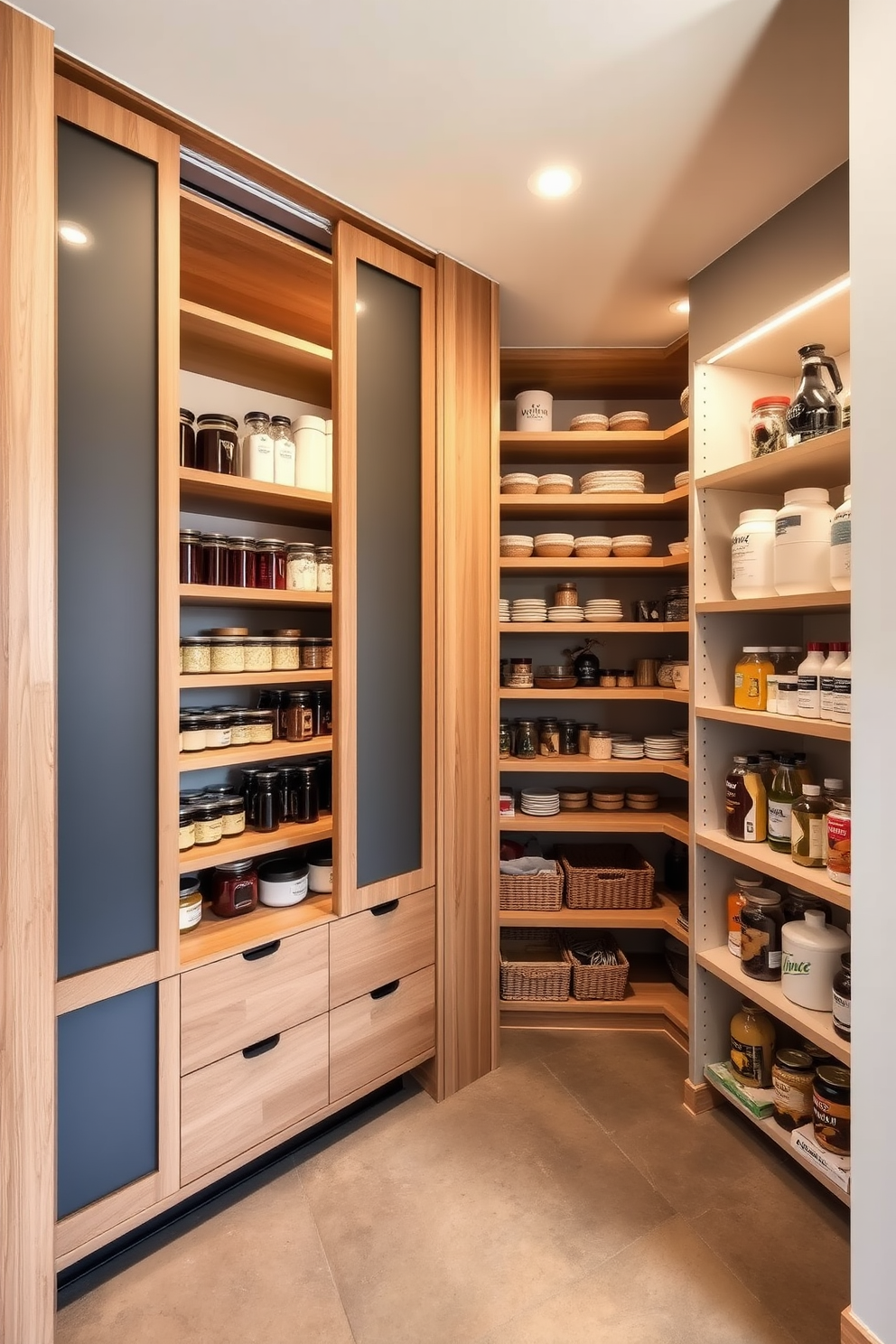 A spacious floor-to-ceiling pantry features sleek wooden shelves filled with neatly organized jars and containers. The pantry door is designed with frosted glass panels, allowing a glimpse of the neatly arranged items inside while maintaining a clean aesthetic. In the basement pantry, a combination of open shelving and closed cabinetry provides ample storage for both bulk items and everyday essentials. Soft, ambient lighting illuminates the space, highlighting the rich textures of the wooden shelves and the polished concrete floor.