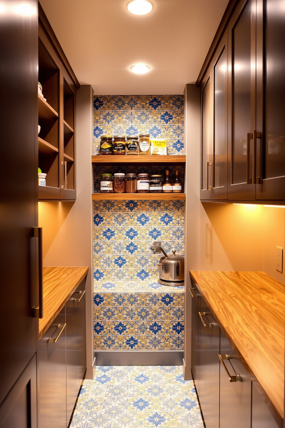 A stylish basement pantry featuring decorative tiles as a trendy backsplash. The tiles showcase a vibrant pattern that adds character to the space, complementing the sleek cabinetry and warm lighting. The pantry is organized with open shelving displaying jars and spices, while a small wooden countertop provides space for meal prep. Soft, ambient lighting highlights the decorative tiles, creating an inviting atmosphere for culinary creativity.