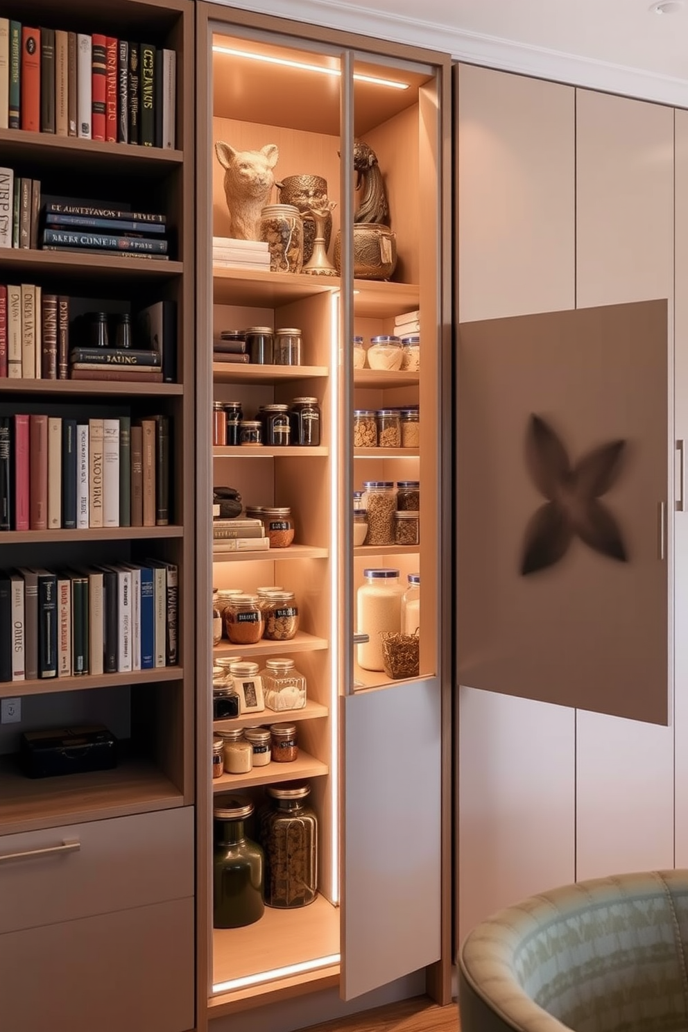 A hidden pantry seamlessly integrated behind a bookcase offers a clever storage solution. The bookcase features a mix of classic novels and decorative items, inviting curiosity while concealing the pantry. Inside the pantry, shelves are filled with neatly organized jars and containers, maximizing space efficiency. Soft LED lighting illuminates the area, creating a warm and inviting atmosphere for food storage.