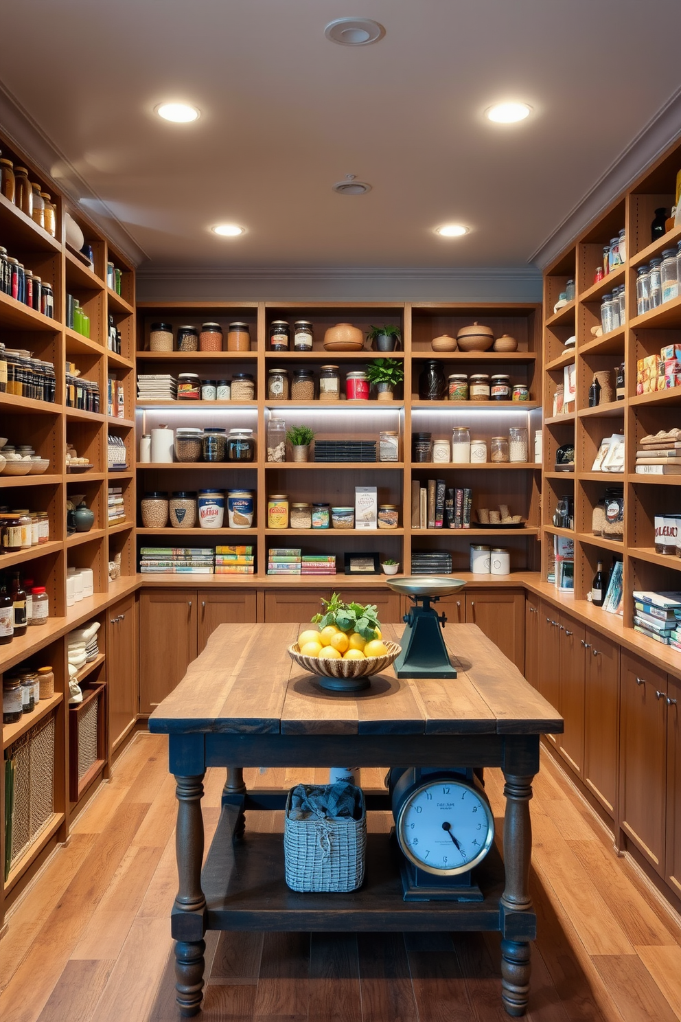 Open shelving units line the walls of a spacious basement pantry, showcasing an array of decorative jars and artisanal containers. The shelves are filled with neatly organized spices, grains, and snacks, complemented by potted herbs and stylish cookbooks for added charm. The pantry features warm wooden tones and soft ambient lighting that creates an inviting atmosphere. A rustic wooden table in the center provides additional workspace, adorned with a decorative fruit bowl and a vintage scale for a touch of character.