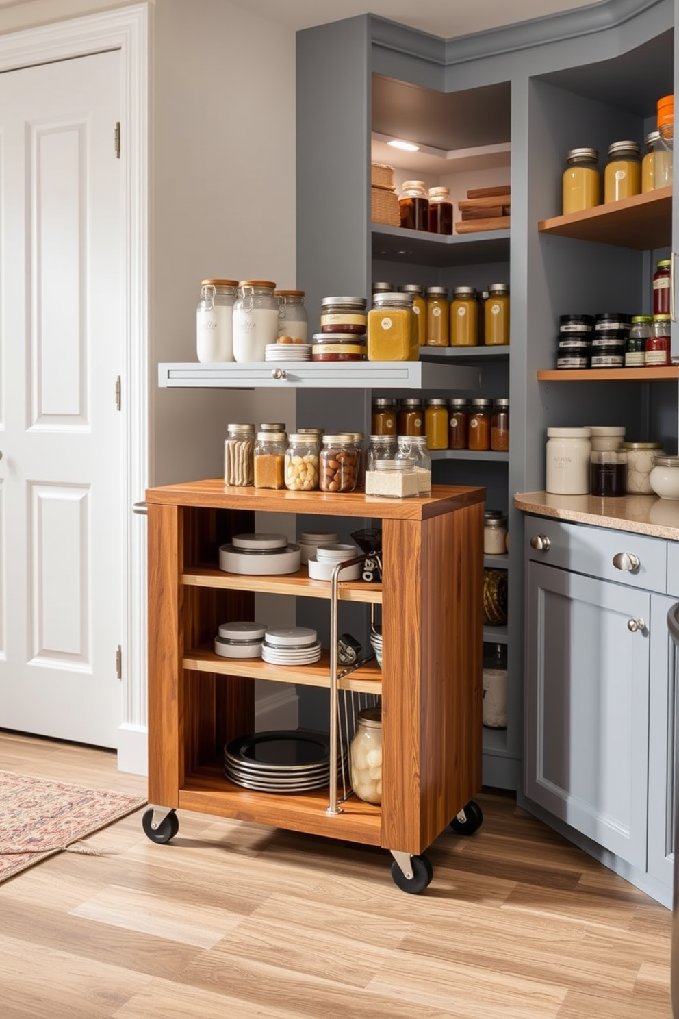 A stylish pantry cart on wheels is designed for flexibility and convenience. It features multiple shelves for organized storage, with a sleek wooden finish and metal accents for a modern touch. The basement pantry is designed with ample shelving and a cool color palette to create a refreshing atmosphere. Soft lighting highlights the neatly arranged jars and containers, making it both functional and aesthetically pleasing.