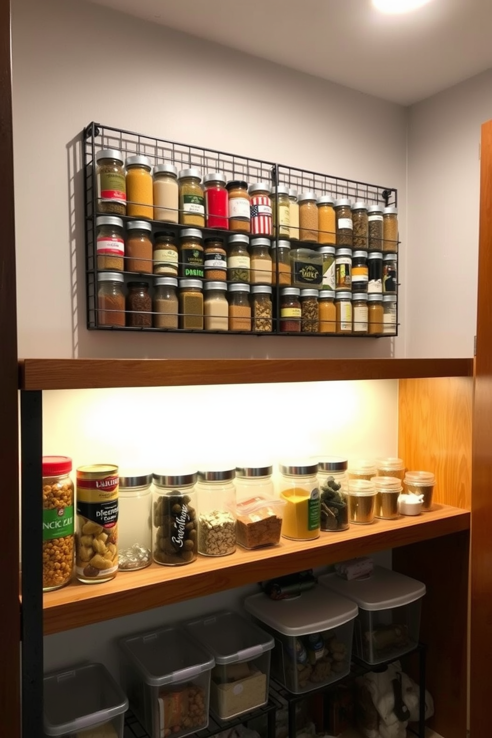 A magnetic spice rack is mounted on the wall, showcasing an array of colorful spice jars that add vibrancy to the space. Below the rack, open shelving holds various pantry items in clear containers for easy access and organization. The basement pantry features a combination of wooden shelves and metal brackets, creating a modern yet rustic aesthetic. Soft ambient lighting illuminates the area, highlighting the neatly arranged jars and providing a warm atmosphere.