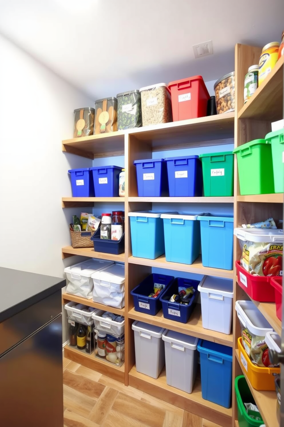 Bright open shelving lines the walls of the basement pantry, showcasing neatly organized labeled bins in various colors. The shelves are made of natural wood, creating a warm contrast against the cool, painted walls.