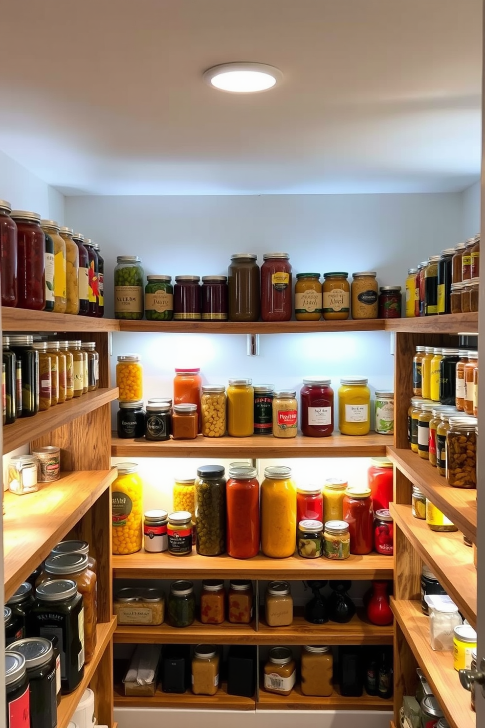 Lighted display shelves showcase an array of colorful canned goods in a stylish basement pantry. The shelves are made of reclaimed wood, and the warm lighting creates an inviting atmosphere while highlighting the organized jars.