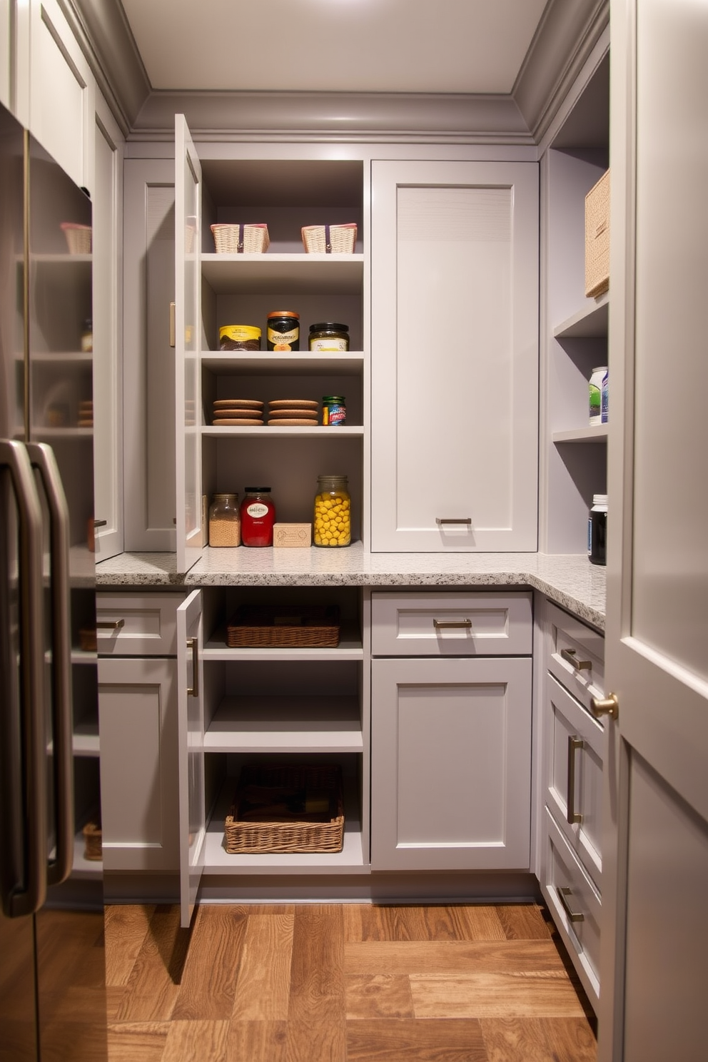 Custom cabinetry designed to seamlessly blend with existing home decor creates a functional and stylish basement pantry. The cabinetry features soft-close doors and drawers, with a mix of open shelving for easy access and closed storage to keep the space organized.