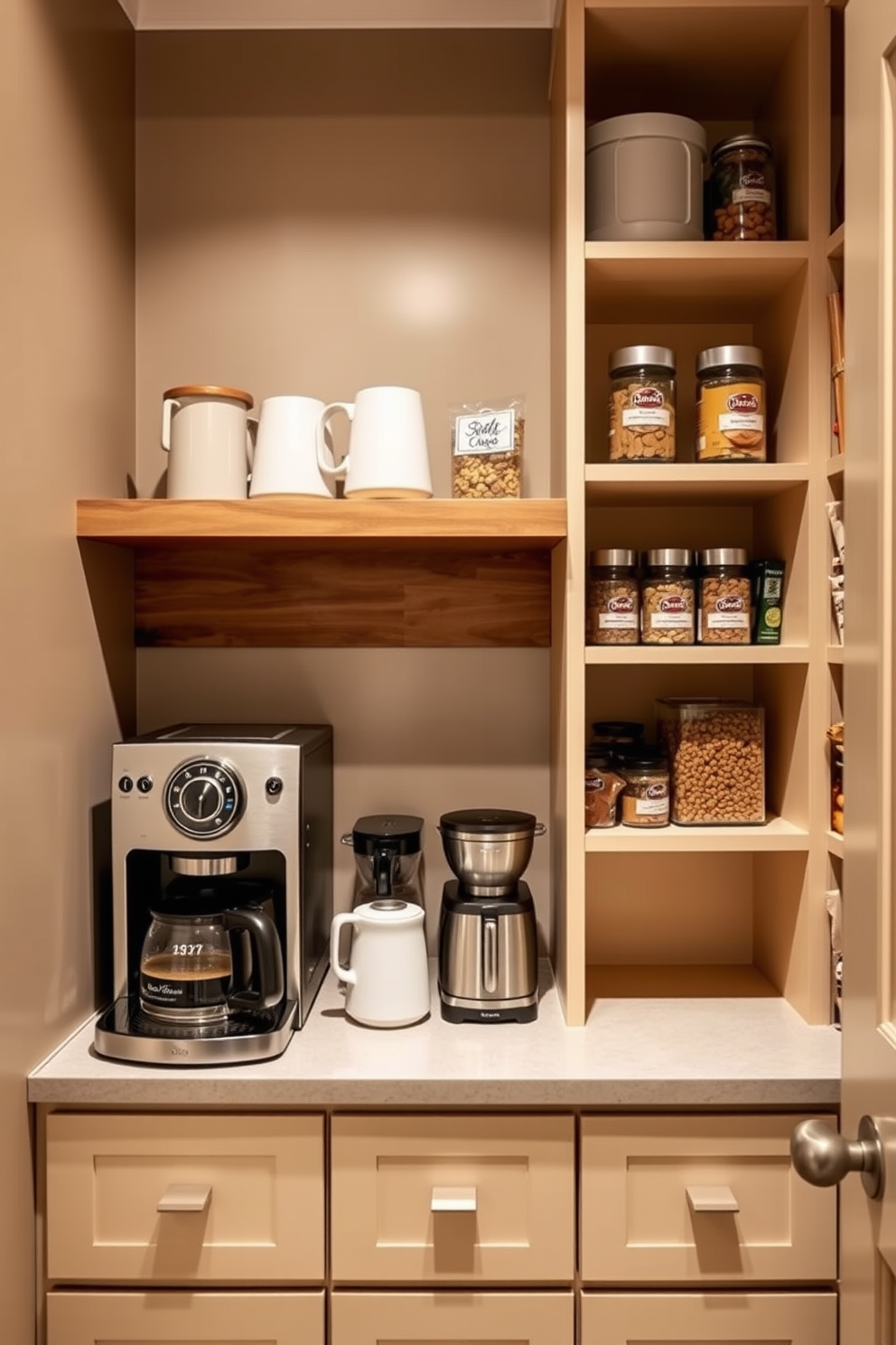 A cozy pantry featuring a dedicated coffee station. The coffee station includes a sleek espresso machine and a stylish wooden shelf for coffee mugs and accessories. The pantry is designed with open shelving to display jars of spices and snacks. A warm color palette of soft browns and creams creates an inviting atmosphere.