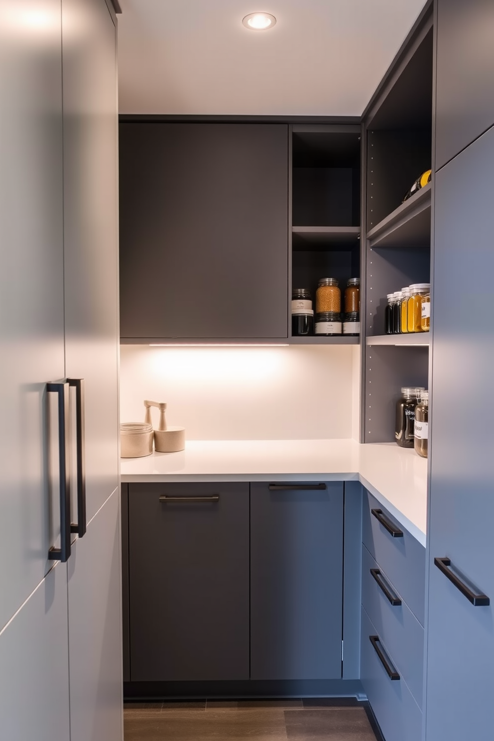 A sleek minimalist basement pantry features clean lines and a monochromatic color palette. The cabinetry is designed with flat-panel doors and integrated handles, creating a seamless look. Open shelving displays neatly arranged jars and containers, enhancing both functionality and aesthetics. Soft LED lighting illuminates the space, highlighting the pantry's organized layout and modern appeal.