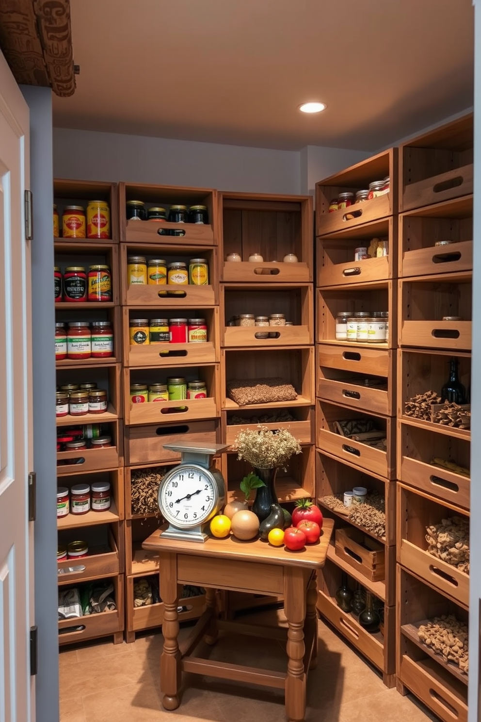 A cozy basement pantry featuring vintage wooden crates stacked neatly against the wall. The crates are filled with an assortment of canned goods and dried herbs, adding a rustic charm to the space. Soft, warm lighting illuminates the area, highlighting the natural wood tones of the crates. A small wooden table sits in the center, adorned with fresh produce and a vintage scale for an authentic farmhouse feel.