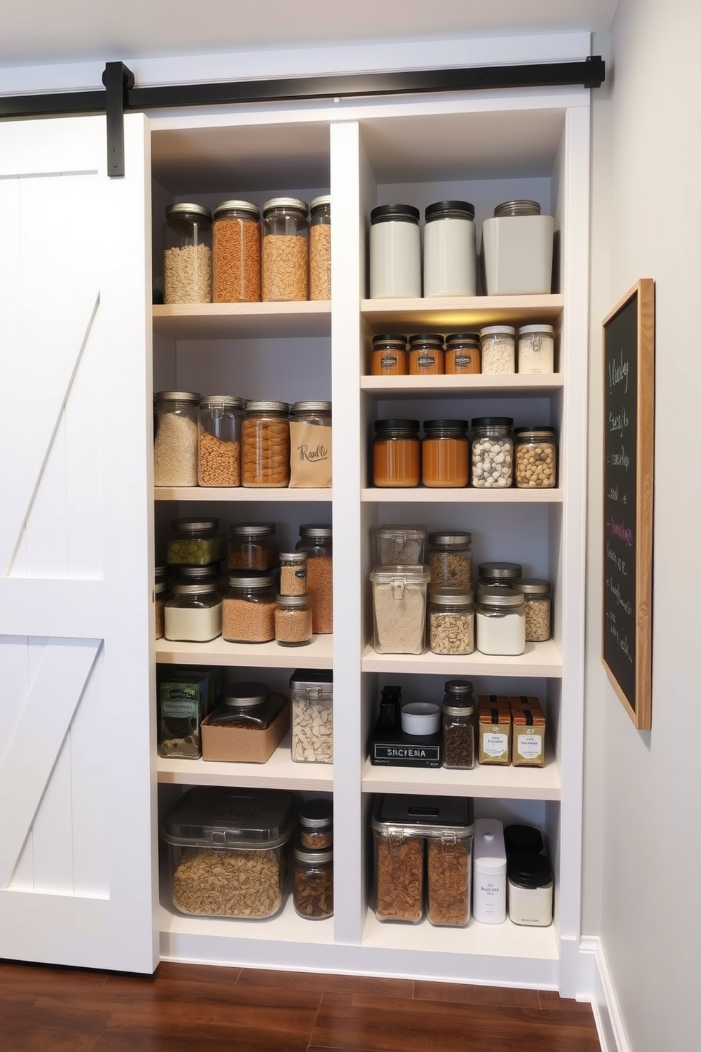 Smart organization with tiered shelves creates an efficient and visually appealing basement pantry. The shelves are crafted from natural wood and painted in a soft white, showcasing neatly arranged jars and containers filled with dry goods. The pantry features a sliding barn door for easy access and a warm LED strip light illuminating the space. A small chalkboard is mounted on the wall, allowing for easy labeling and inventory management.