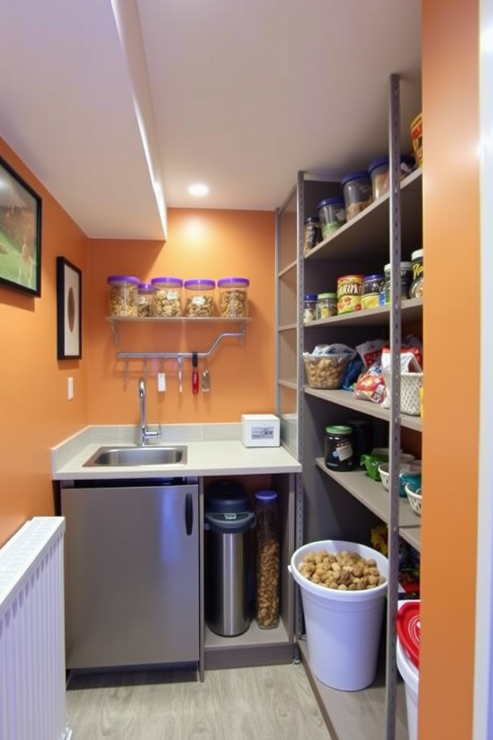 A cozy pantry featuring a dedicated snack zone designed for easy access. Shelves are lined with clear containers filled with snacks, and a small countertop area offers a space for meal prep and organization. The walls are painted in a warm, inviting color, creating a welcoming atmosphere. Soft lighting illuminates the space, highlighting the neatly arranged snacks and adding to the overall charm of the basement pantry.