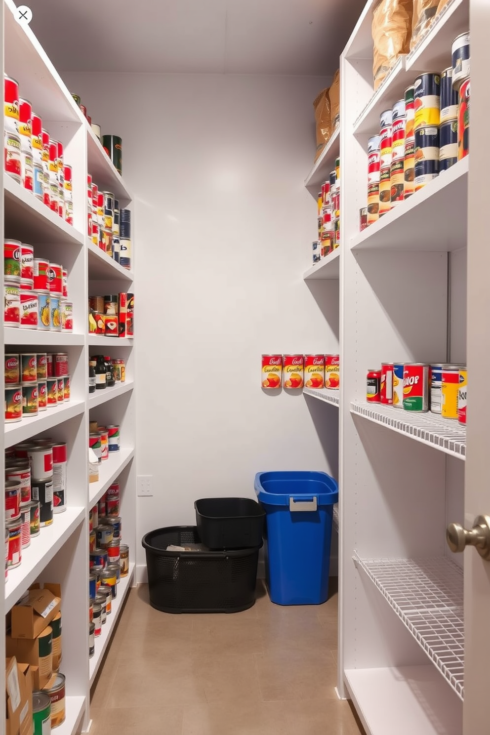 A basement pantry designed for canned food organization features shelves arranged by color scheme for a visually appealing display. The walls are painted in a soft white to enhance brightness, while the floor is finished with durable vinyl for easy cleaning.