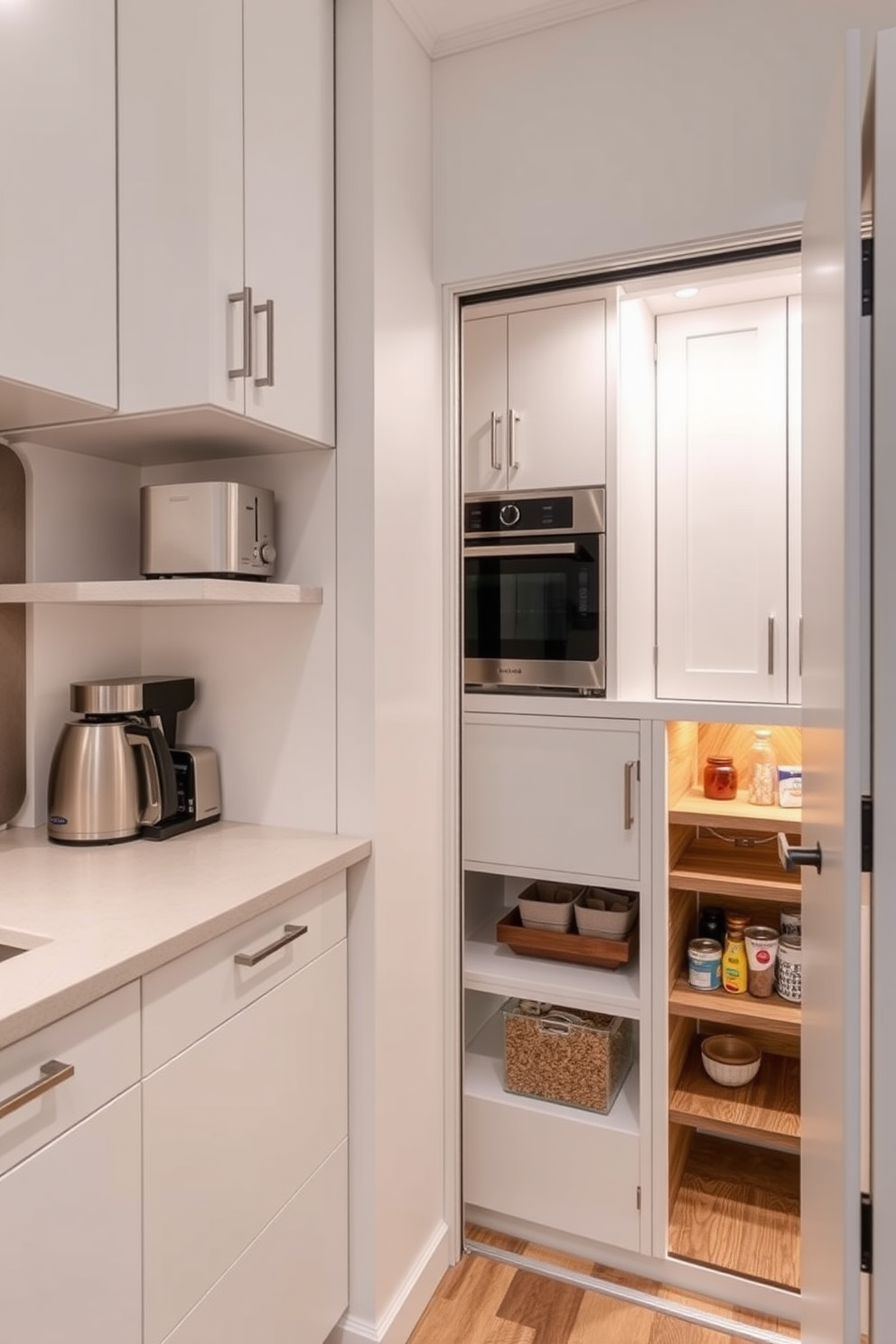 An integrated appliance garage designed for neatness features a sleek cabinetry system that conceals appliances like toasters and blenders. The cabinetry is finished in a soft matte white, with subtle hardware that blends seamlessly into the kitchen design. A basement pantry designed for functionality showcases open shelving made from reclaimed wood, providing ample storage for dry goods and kitchen essentials. The space is illuminated by warm LED lighting, creating an inviting atmosphere for organizing and accessing pantry items.